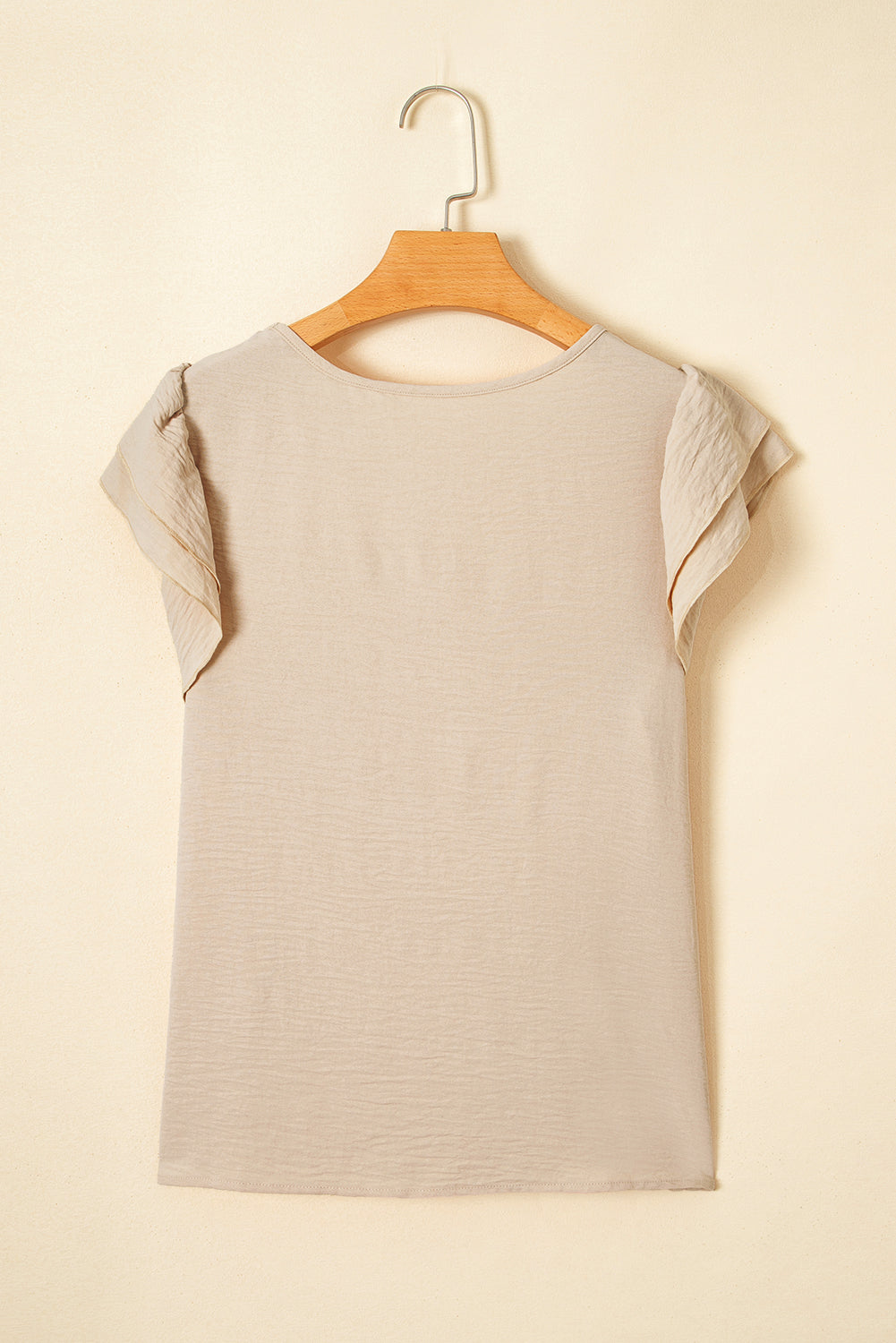 Beige Solid Colour Ruffled Short Sleeve Casual Blouse eAura