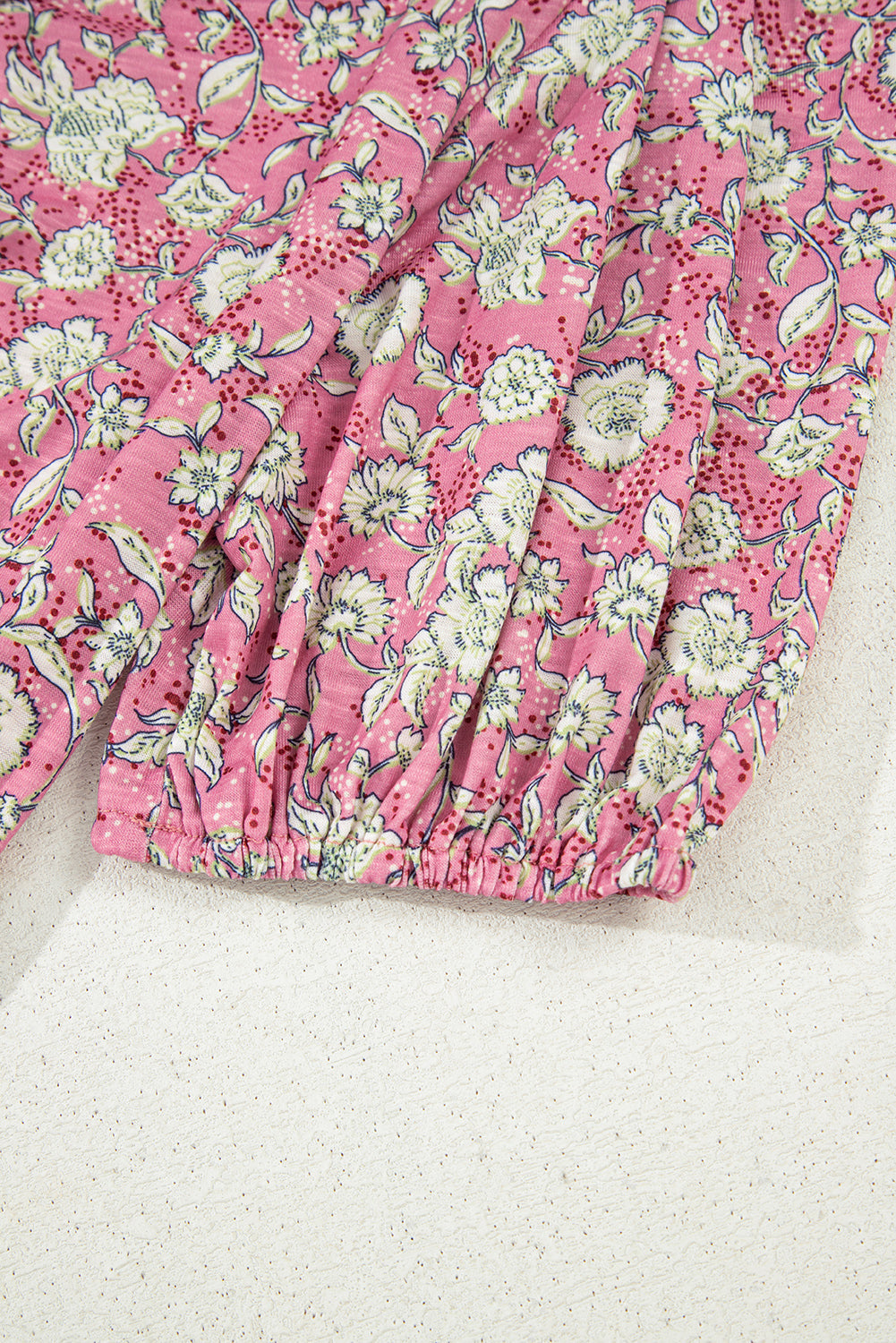 Pink Floral Short Puff Sleeve V Neck Ruched Blouse eAura