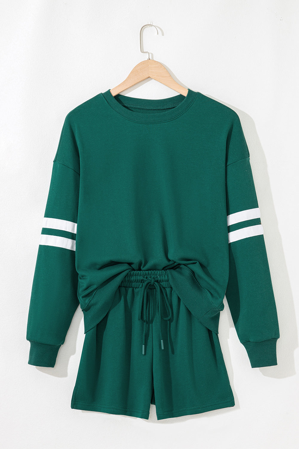 Varsity Striped Sleeve Drop Shoulder Sweatshirt and Shorts Co-ord Set