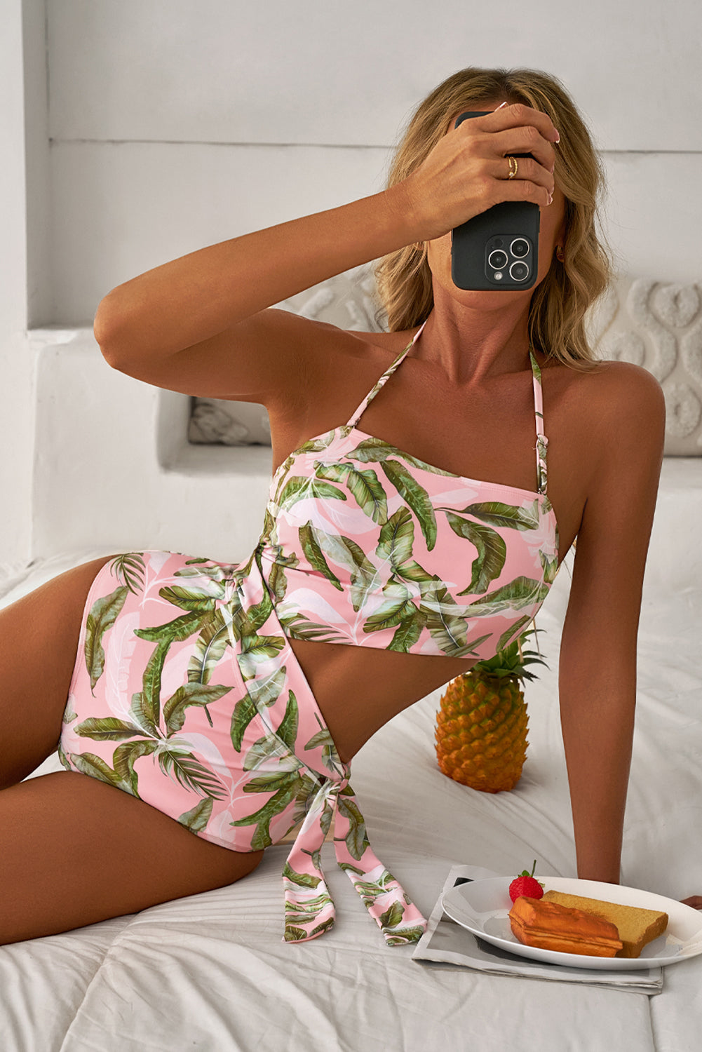 Pink Tropical Asymmetric Cut out Halter Backless One Piece Swimwear eAura
