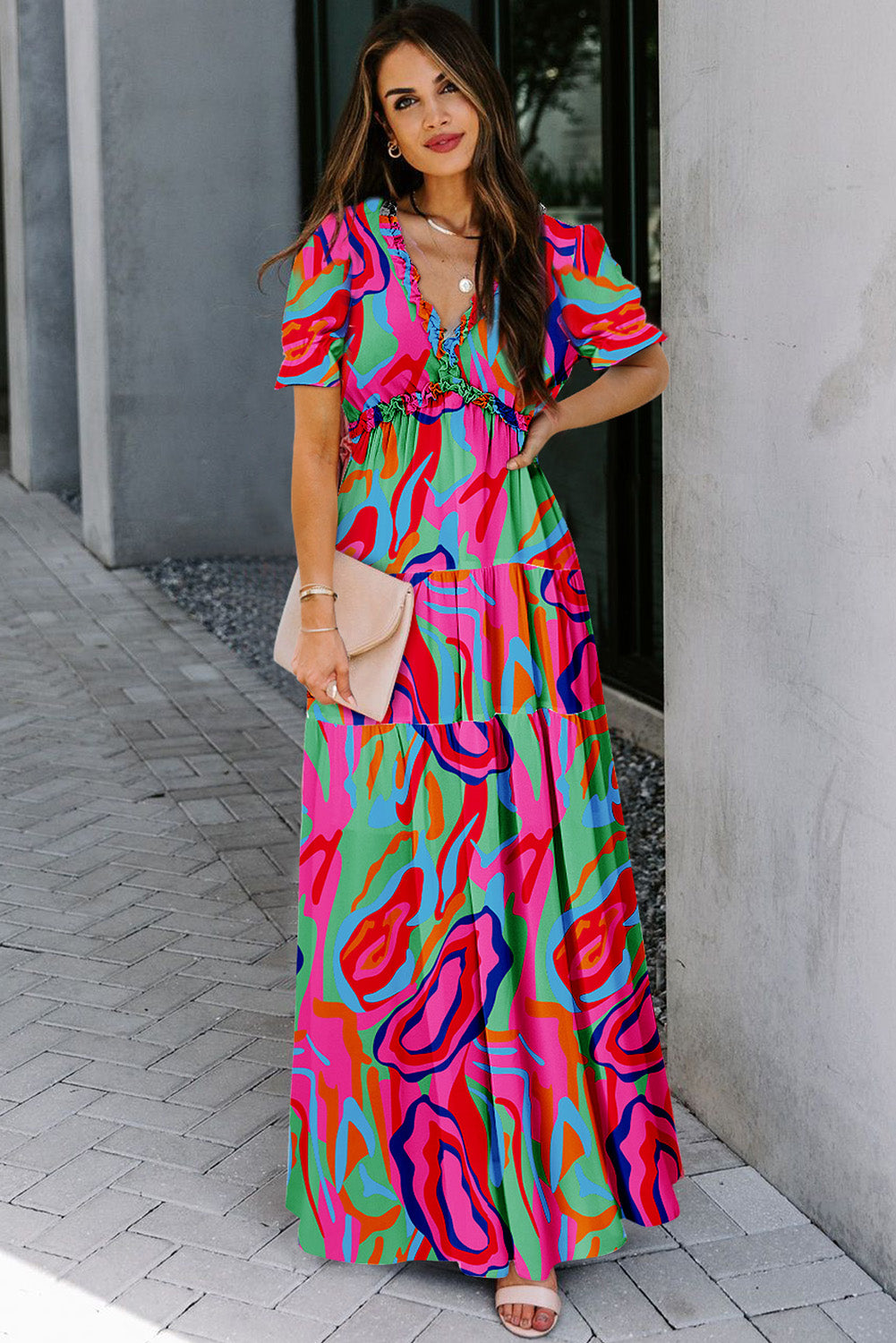 Floral Print Frilled V-Neck Short Sleeve Maxi Dress