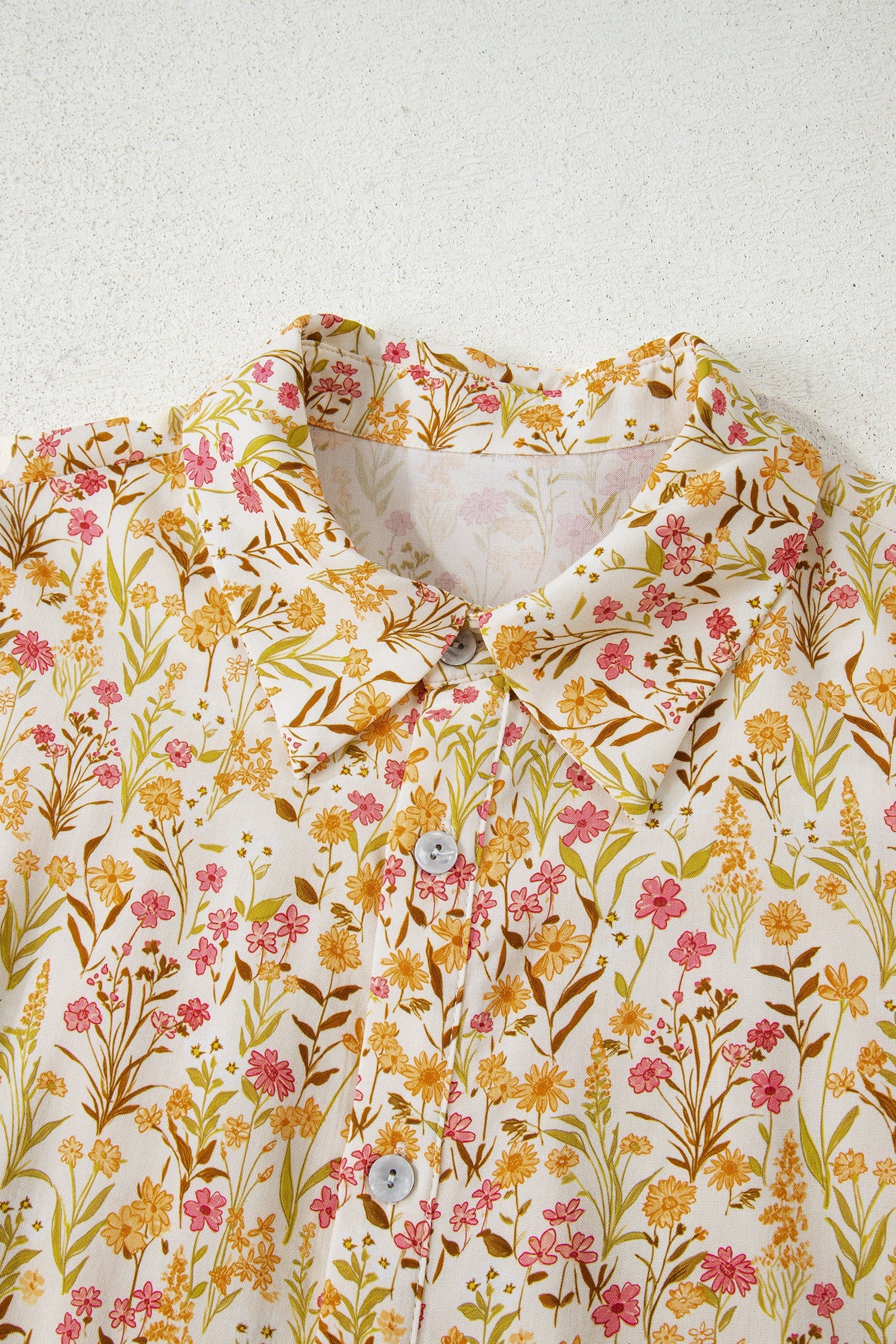 Floral Print Frilly Trim Smocked Cuff Long Sleeve Loose Shirt Dress - Dresses/Mini Dresses