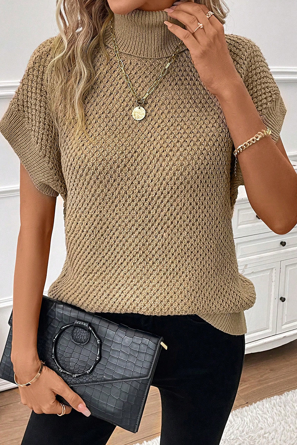 Turtleneck Textured Short Sleeve Sweater eAura