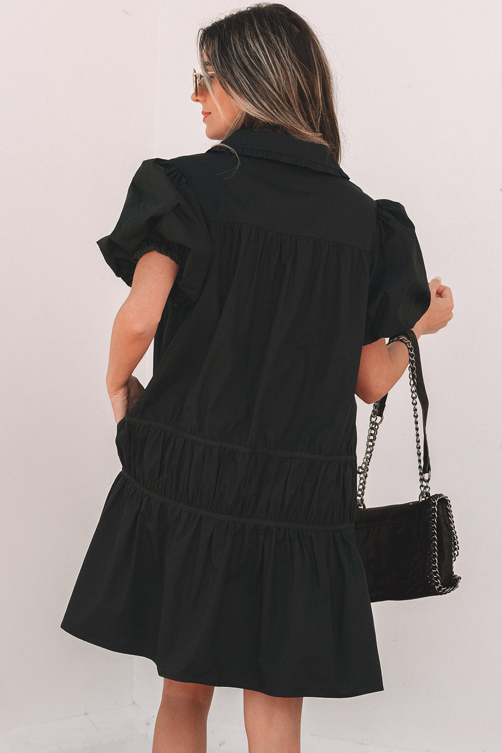 Black Shirt Style Button Down Puff Sleeve Ruffle Hem Dress eAura