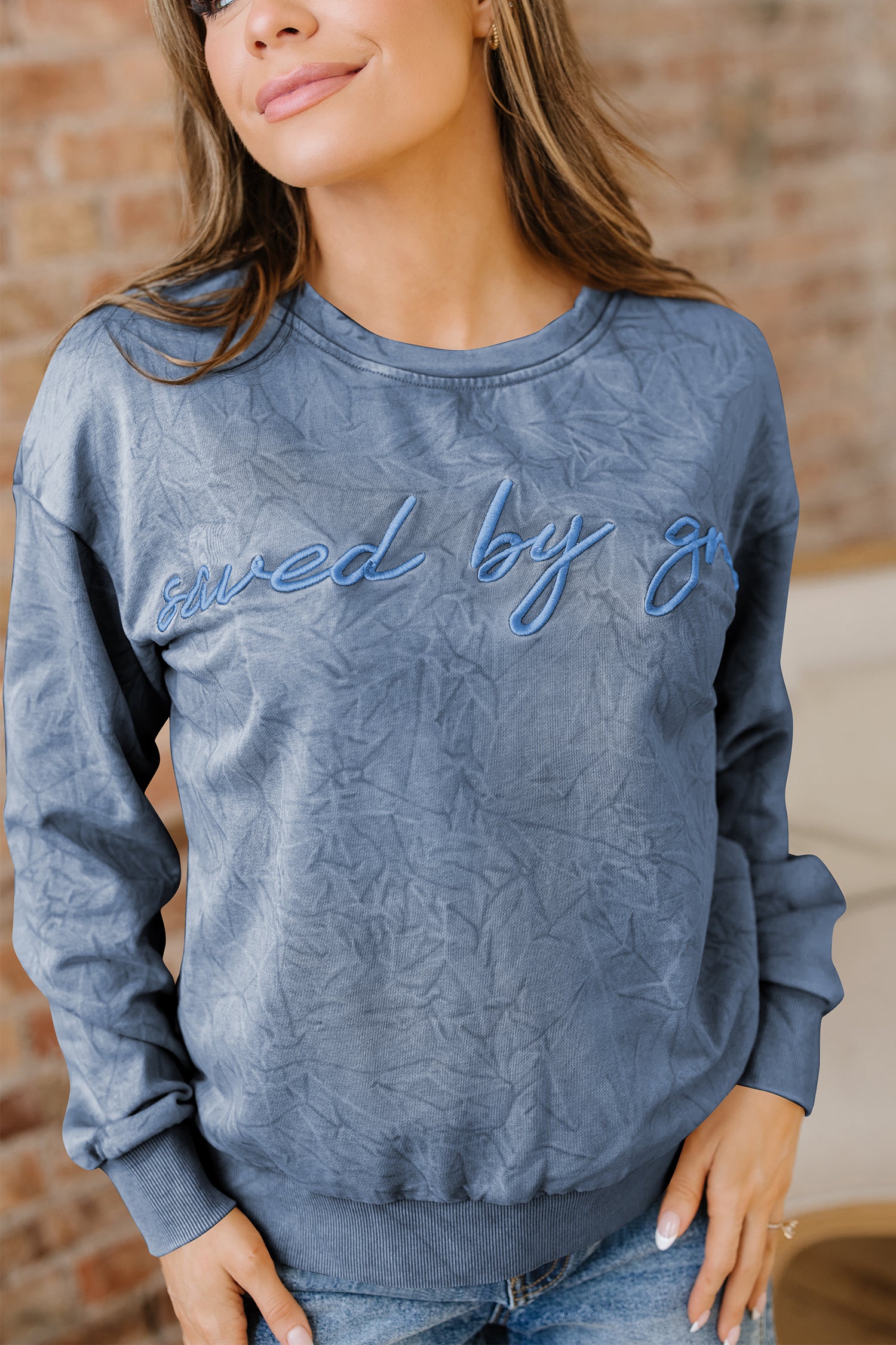 'Saved By Grace' Embroidered Mineral Wash Sweatshirt