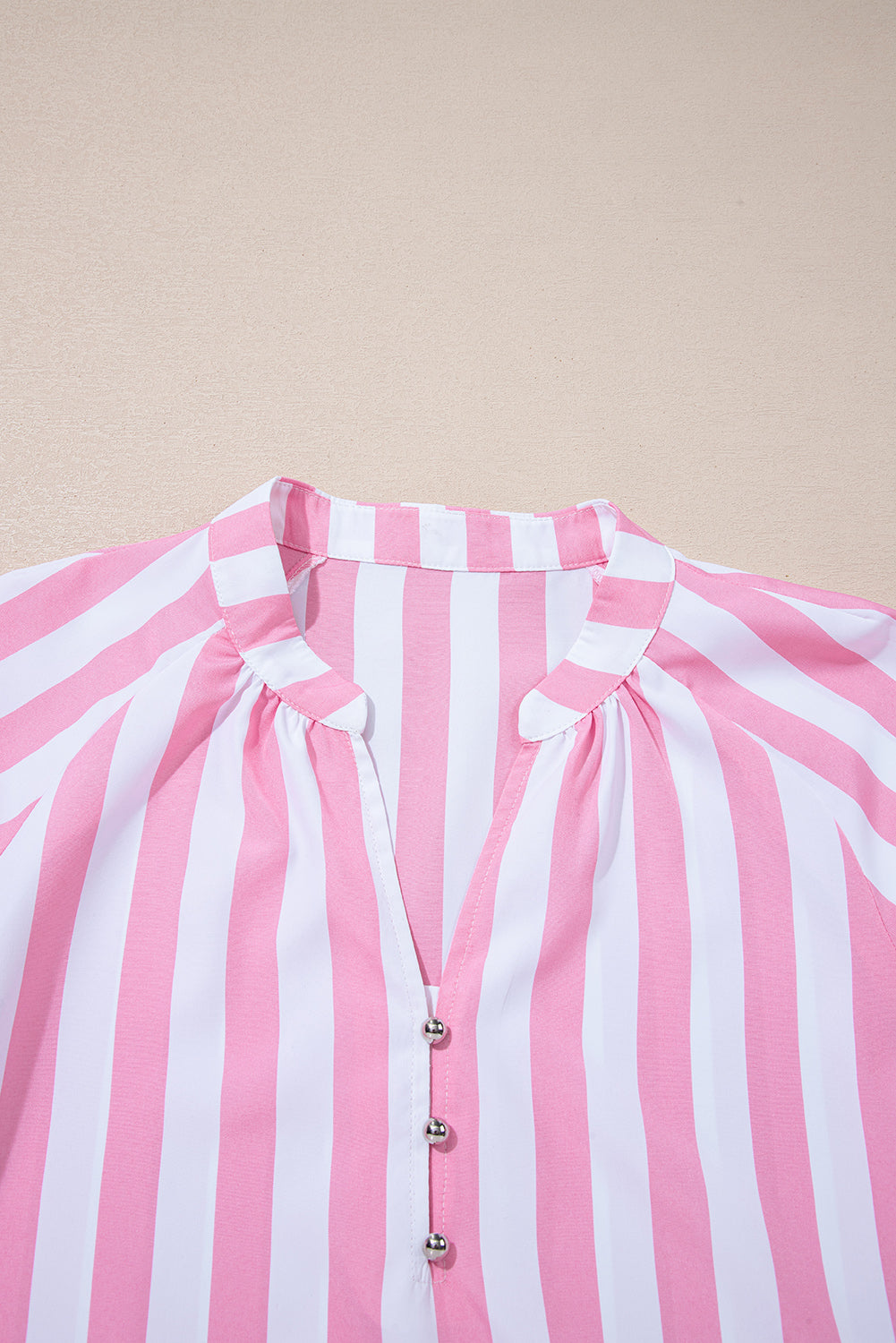 Stripe Split Neck Button Decor Front Puff Sleeve Blouse - eAura
