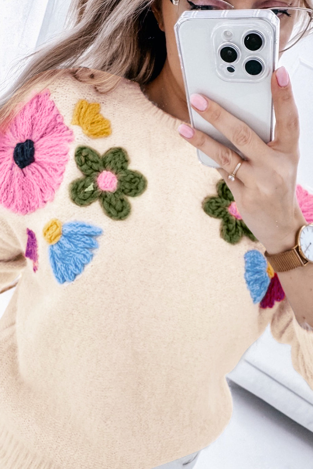 Beige Plus Size Crochet Flower Pullover Sweater Beagle Boutique Fashion Outlet