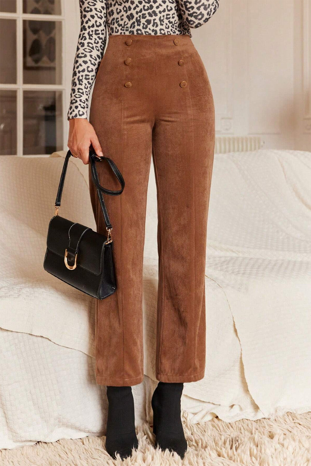 Chestnut Solid Colour Double Breasted Straight Leg Trousers Beagle Boutique Fashion Outlet