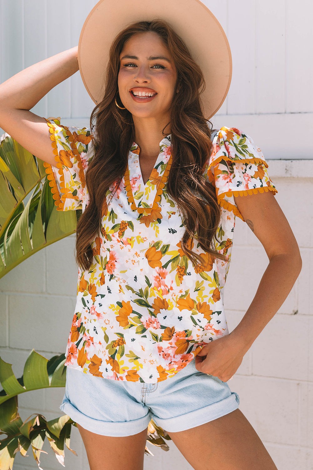 Russet Orange Ruffled V Neck Scalloped Short Sleeve Floral Blouse eAura