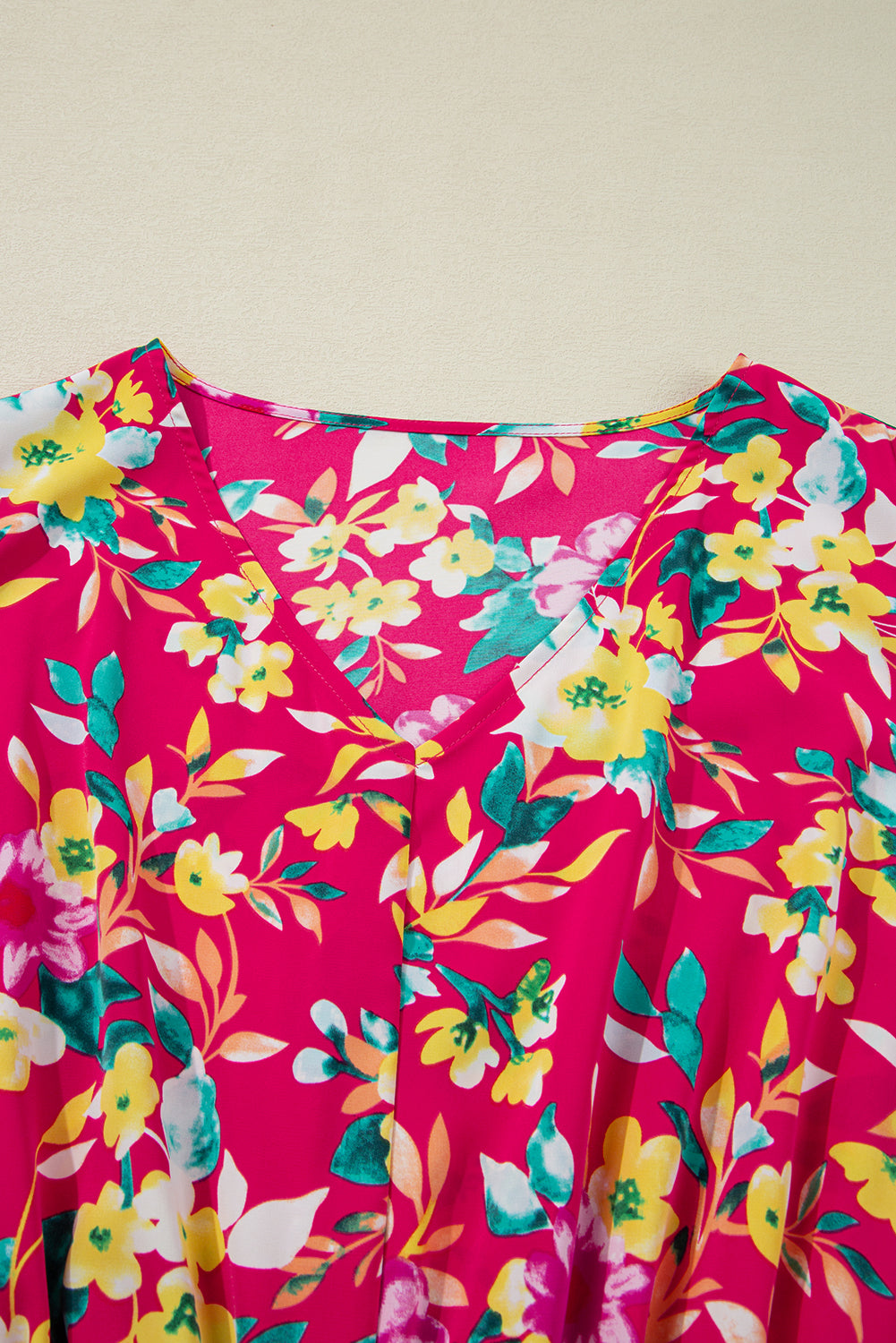 Pink Floral Print V Neck Pocketed High Waist Plus Size Midi Dress BB Fashion Outlet