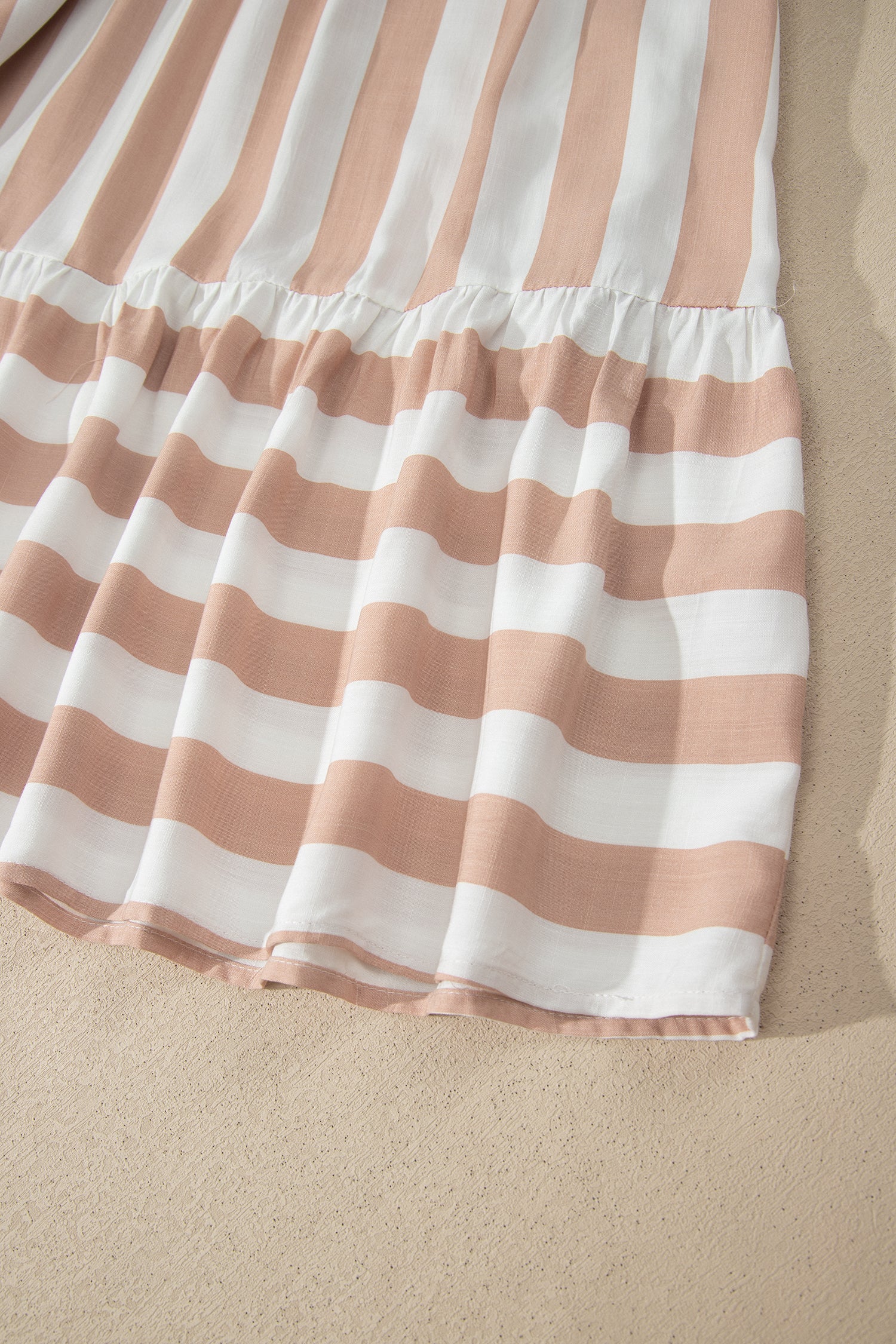 Khaki Stripe V Neck Ruffle Sleeve Flared Summer Dress