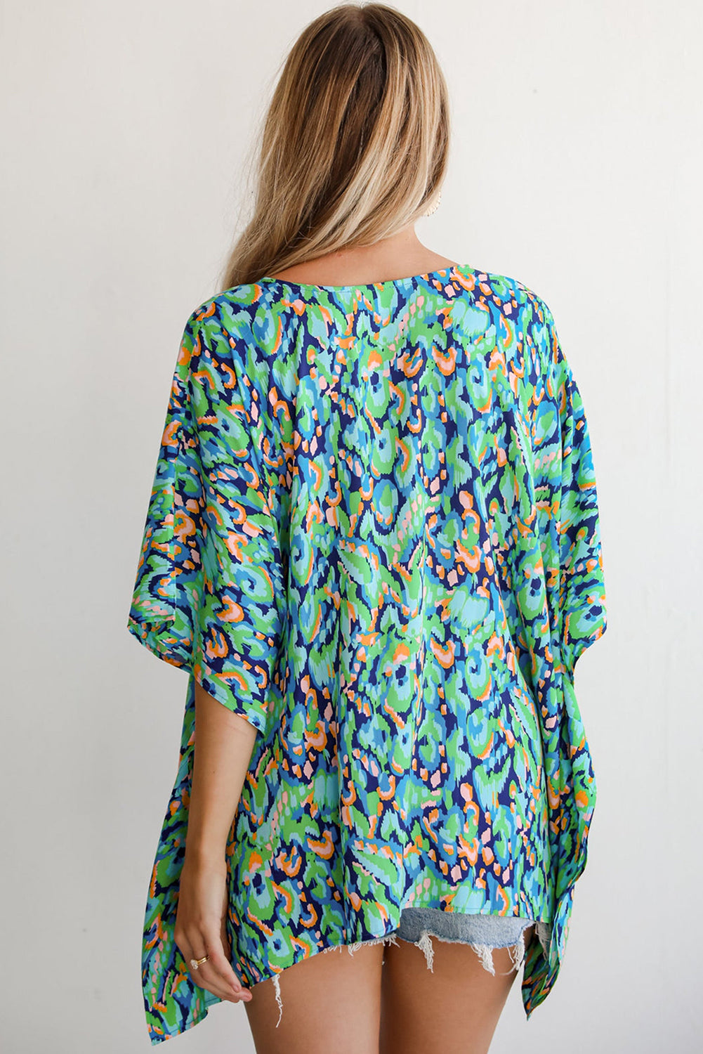 Green Abstract Print V Neck Half Sleeve Loose Fit Tunic Blouse eAura