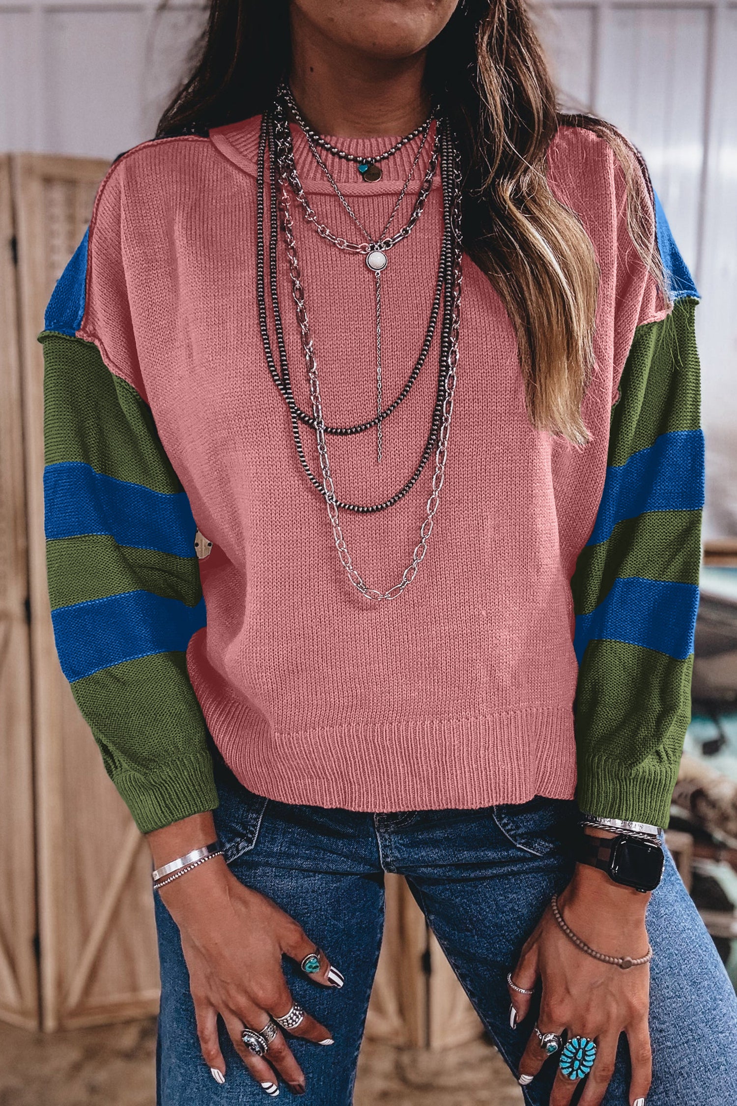 Western Colorblock Patchwork Striped Long Sleeve Pullover Sweater – Multicolour