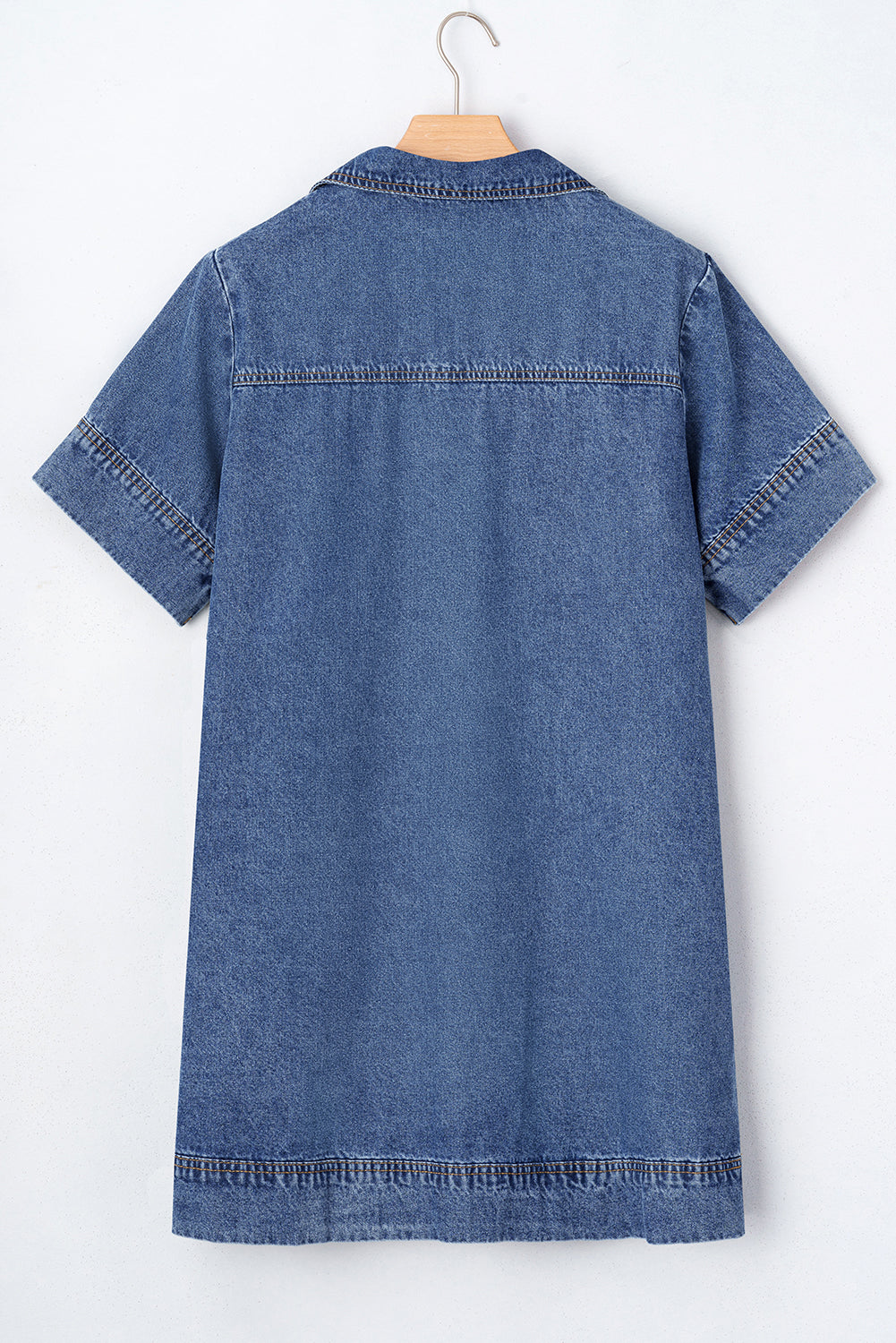 Blue Short Sleeve Collared Patched Pocket Denim Mini Dress eAura