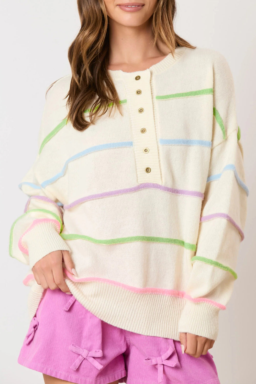 White Rainbow Stripes Drop Shoulder Baggy Henley Sweater eAura