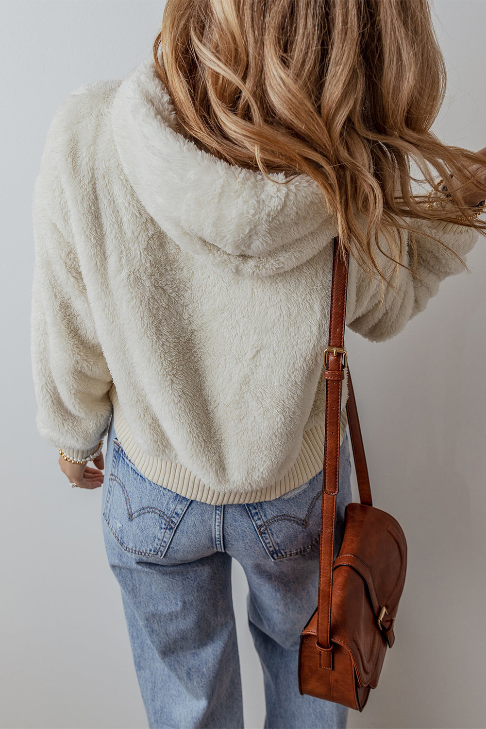 White Contrast Ribbed Edge Plush Hoodie eAura