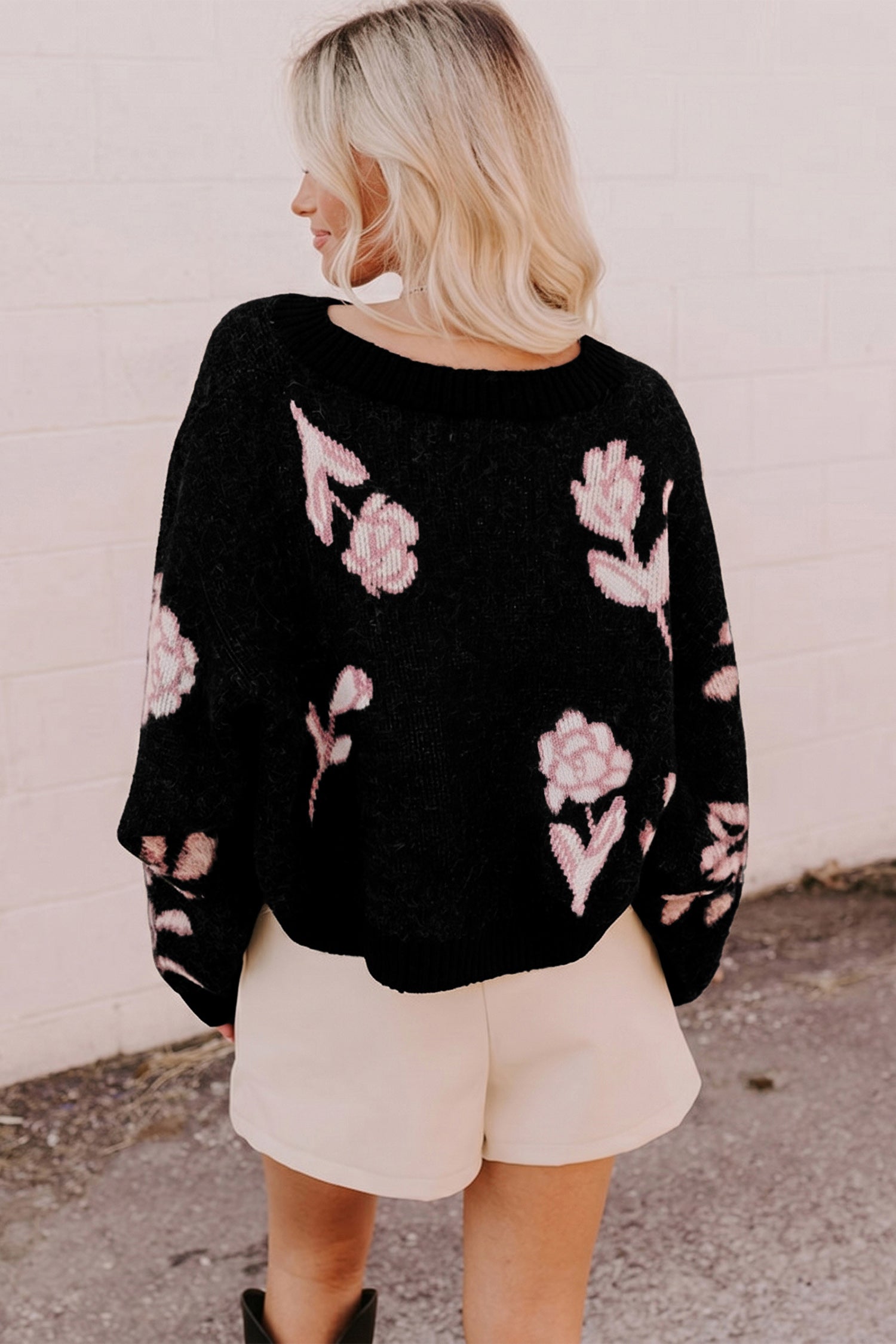 Floral Pattern Puff Sleeve Dropped Shoulder Pullover Sweater – Black
