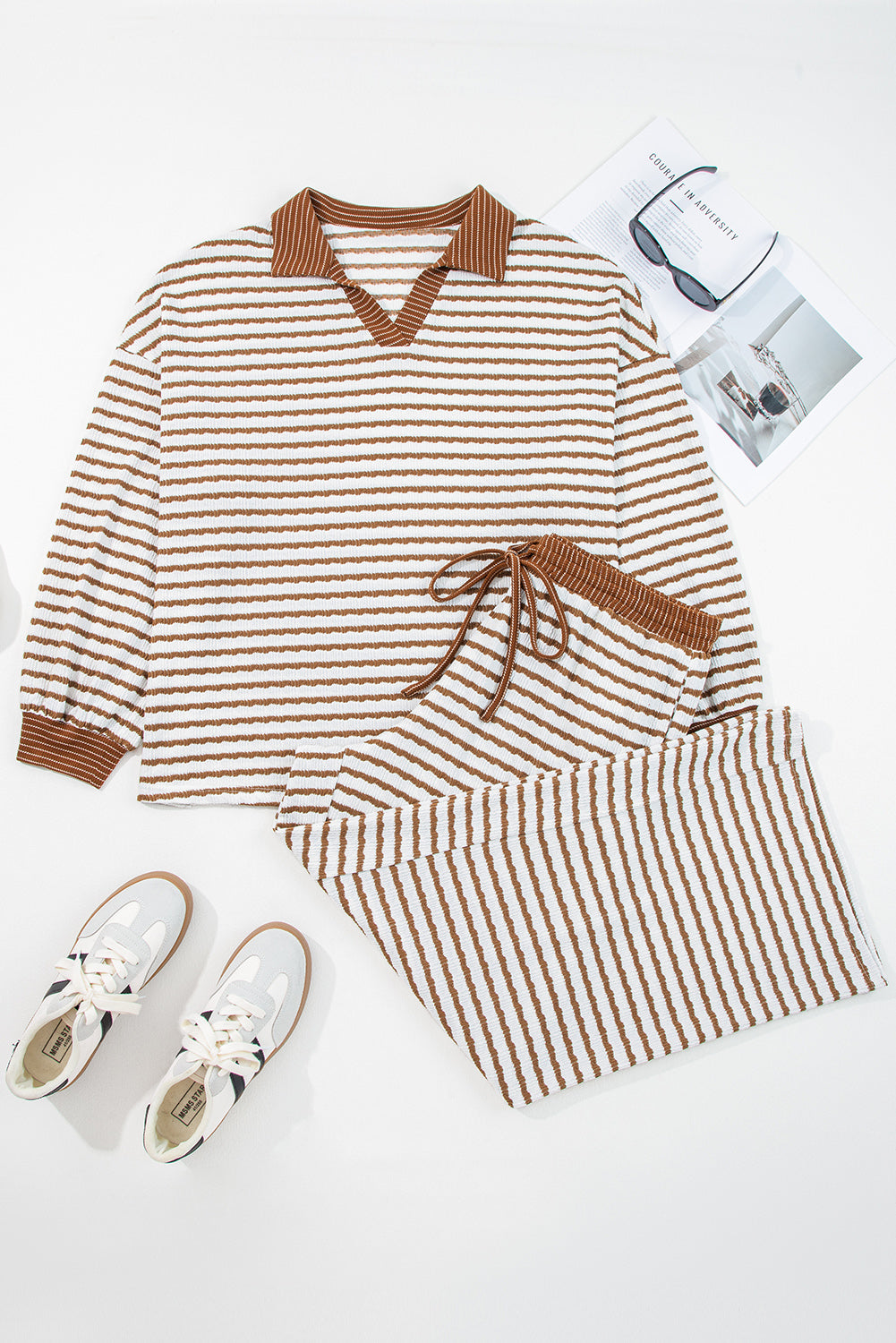 Khaki Stripe Plus Size Collared V-Neck Oversized Pullover Drawstring Elastic Waist Wide Leg Pant Co-ord Set - eAura