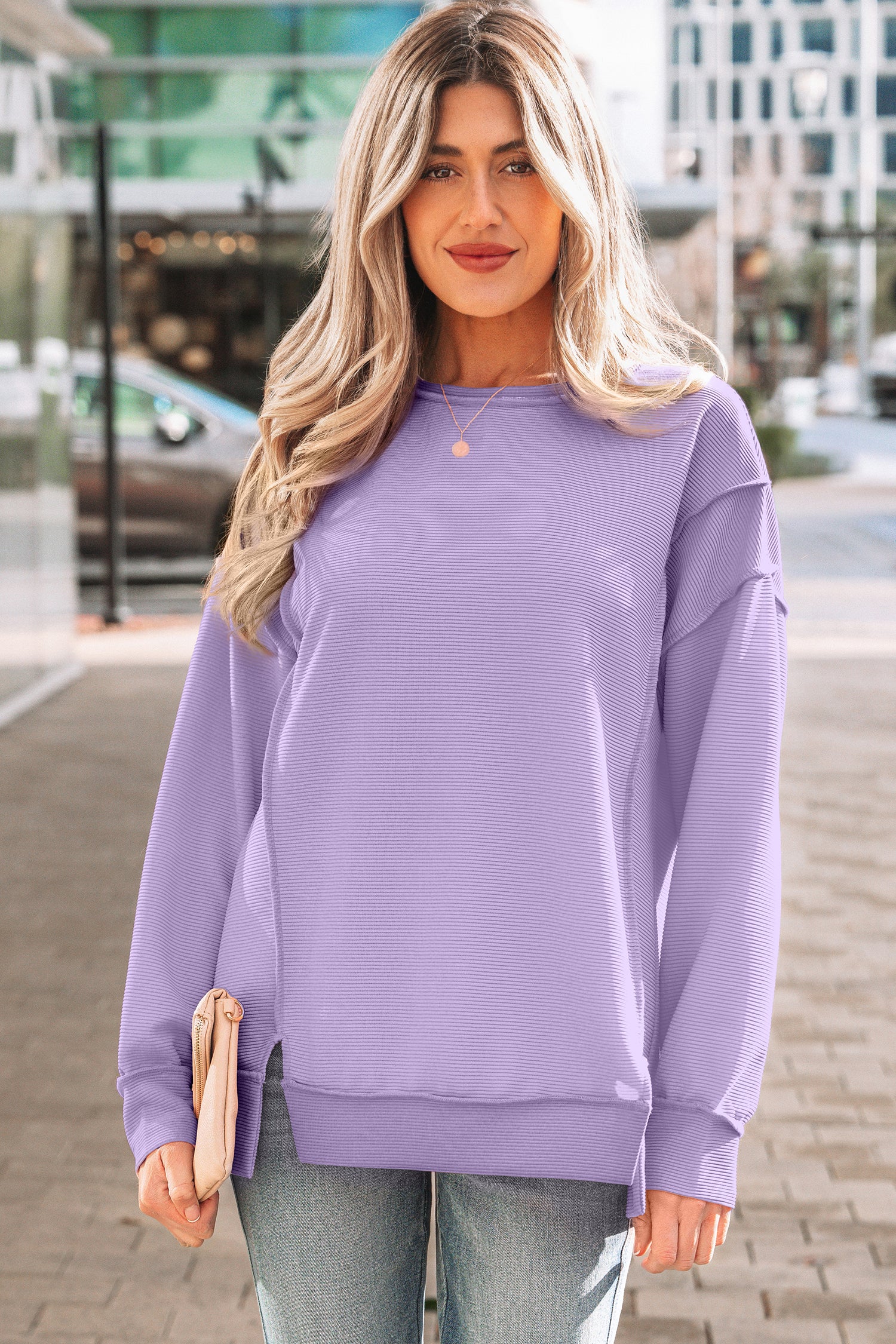 Horizontal Ribbed Exposed Seam Detail Drop Shoulder Baggy Pullover