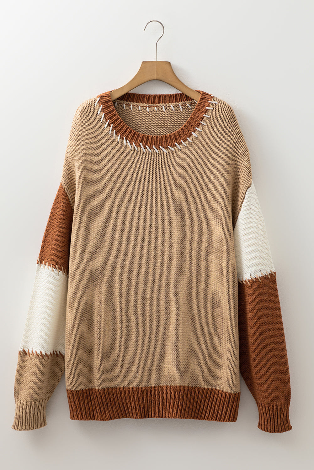 Light French Beige Contrast Stitch Detail Knit Plus Size Sweater eAura