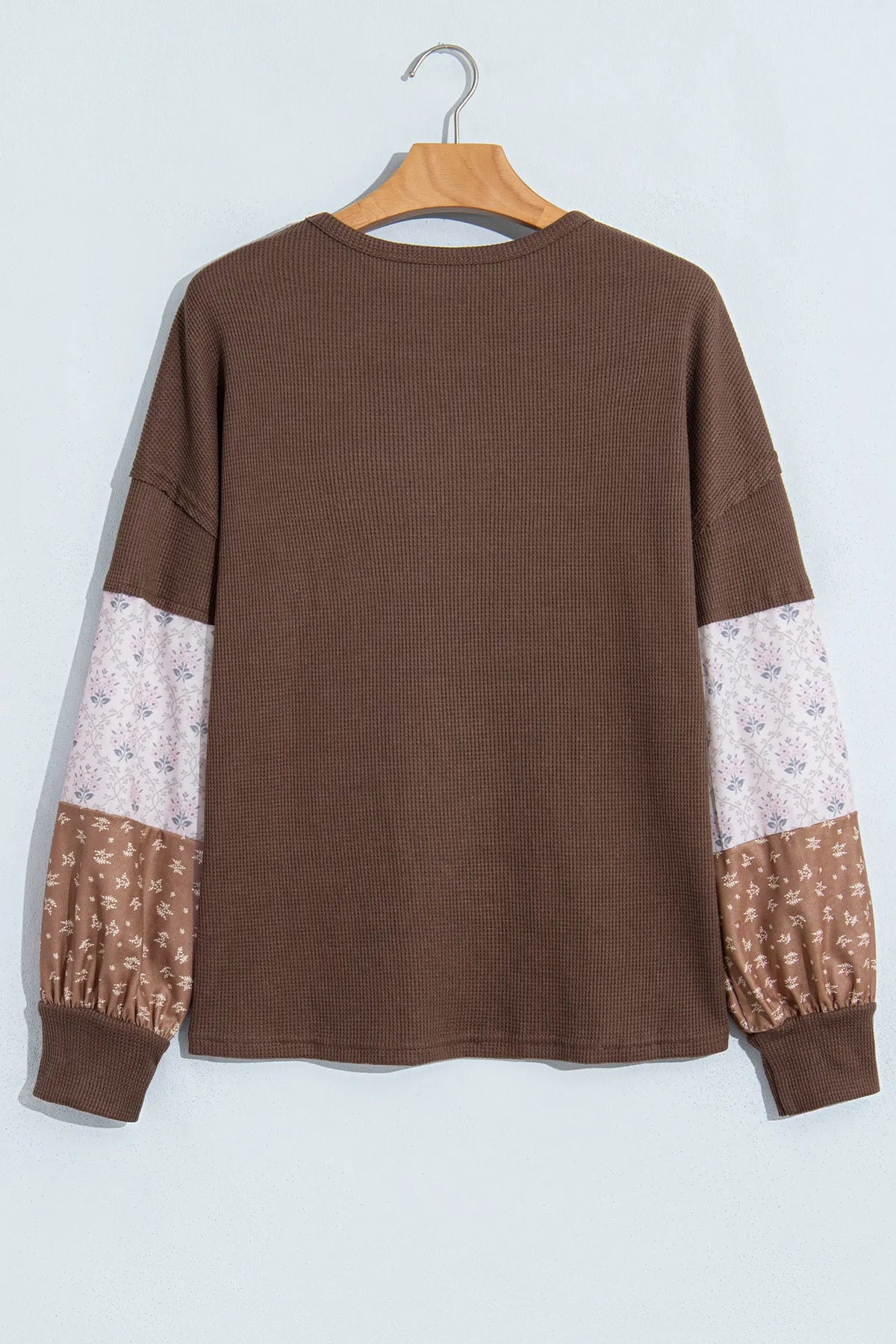 Coffee Floral Print Colourblock Long Sleeve Textured Loose Pullover Tunic Top – Brown