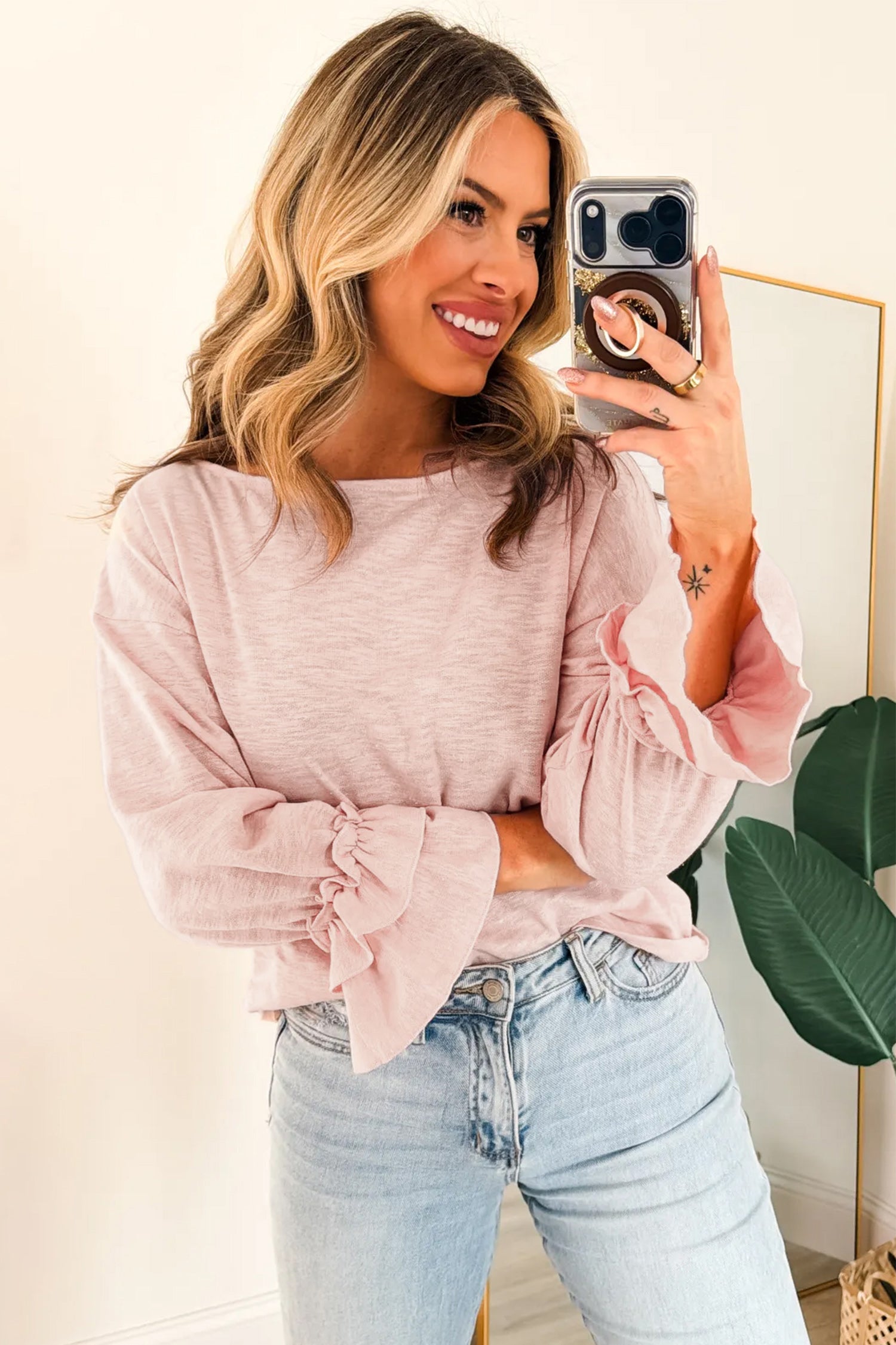 Gossamer Pink Long Sleeve Ruffle Cuff Casual Elegant Top – Light Pink