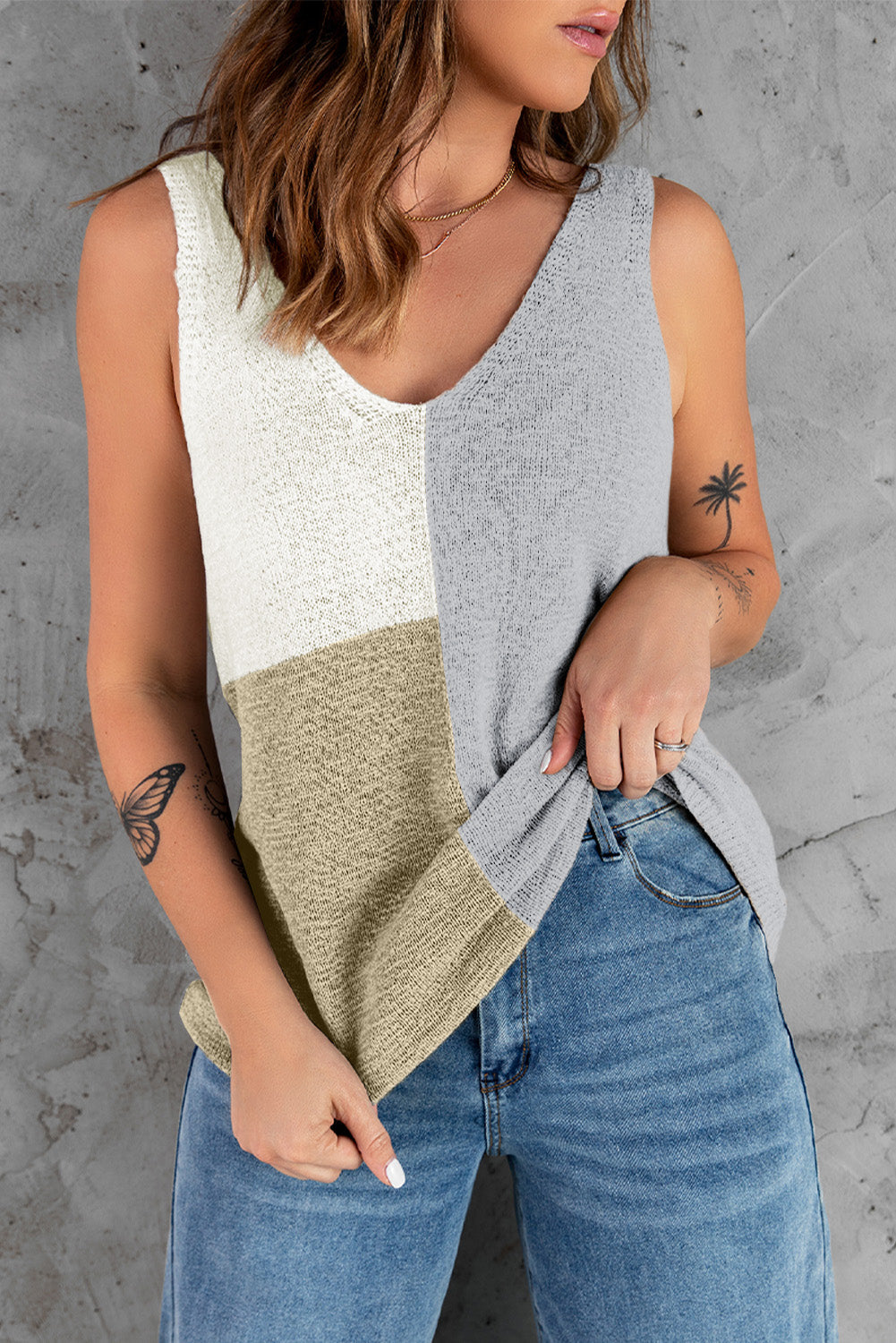 Grey Colour Block Knitted Tank Top eAura