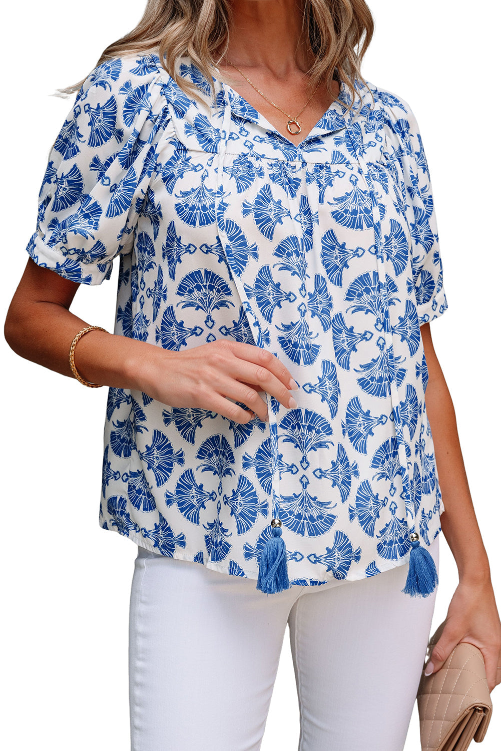 Blue Geometric Print Tassel Drawstring V-Neck Blouse eAura
