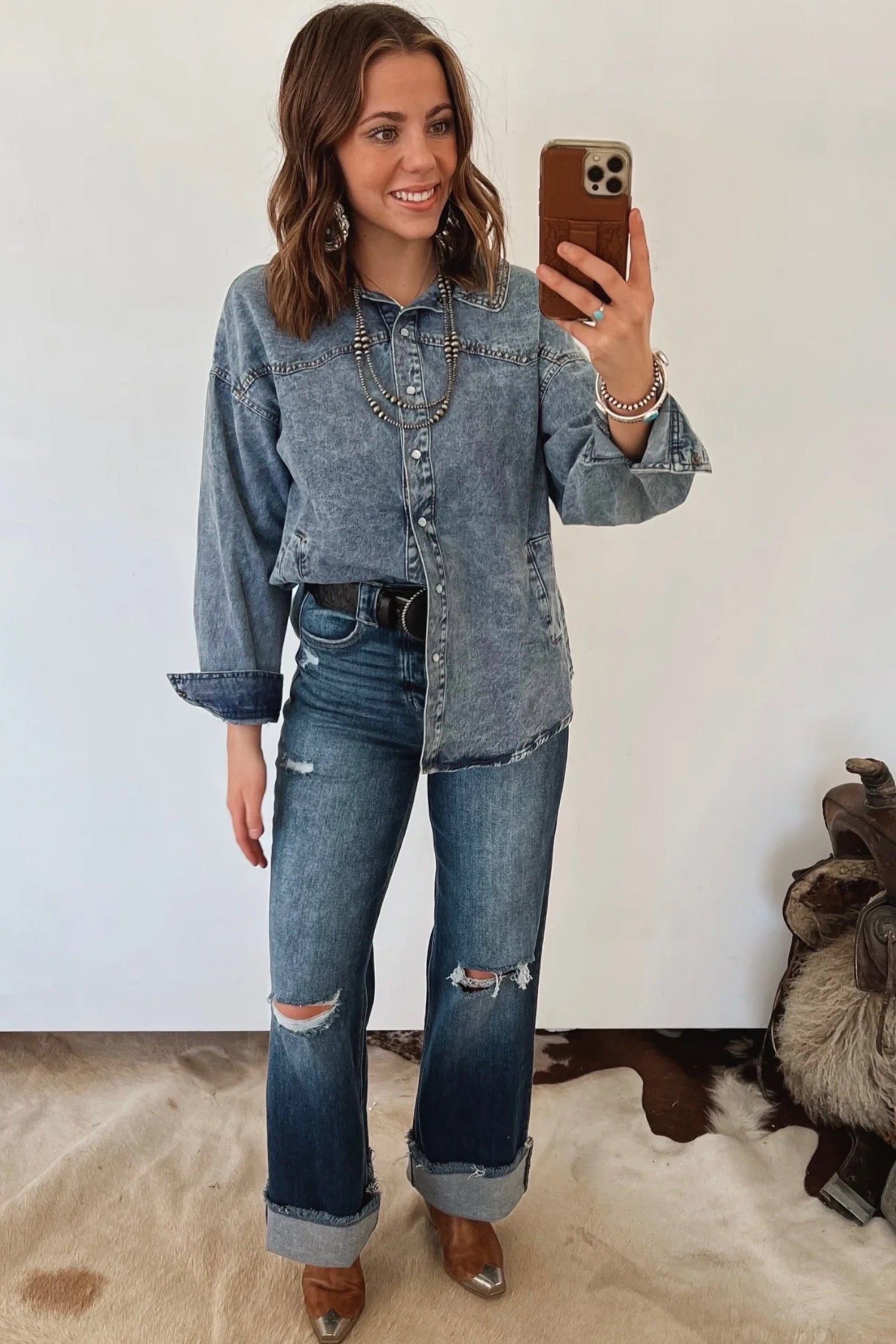 Western Long Sleeve Shirt Collar Tunic Denim Jacket – Dusk Blue