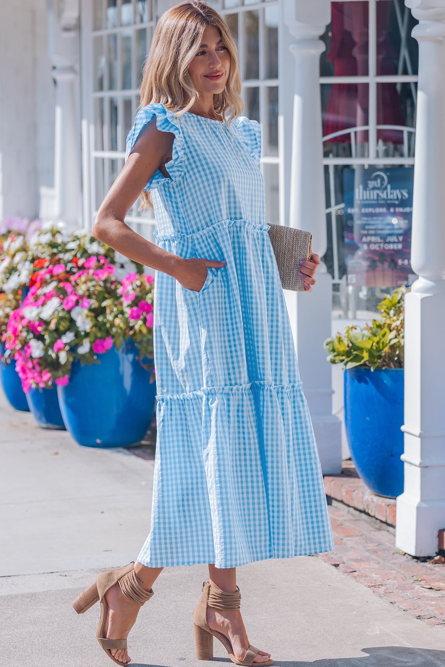 Knot Back Ruffled Short Sleeve Gingham Maxi Dress