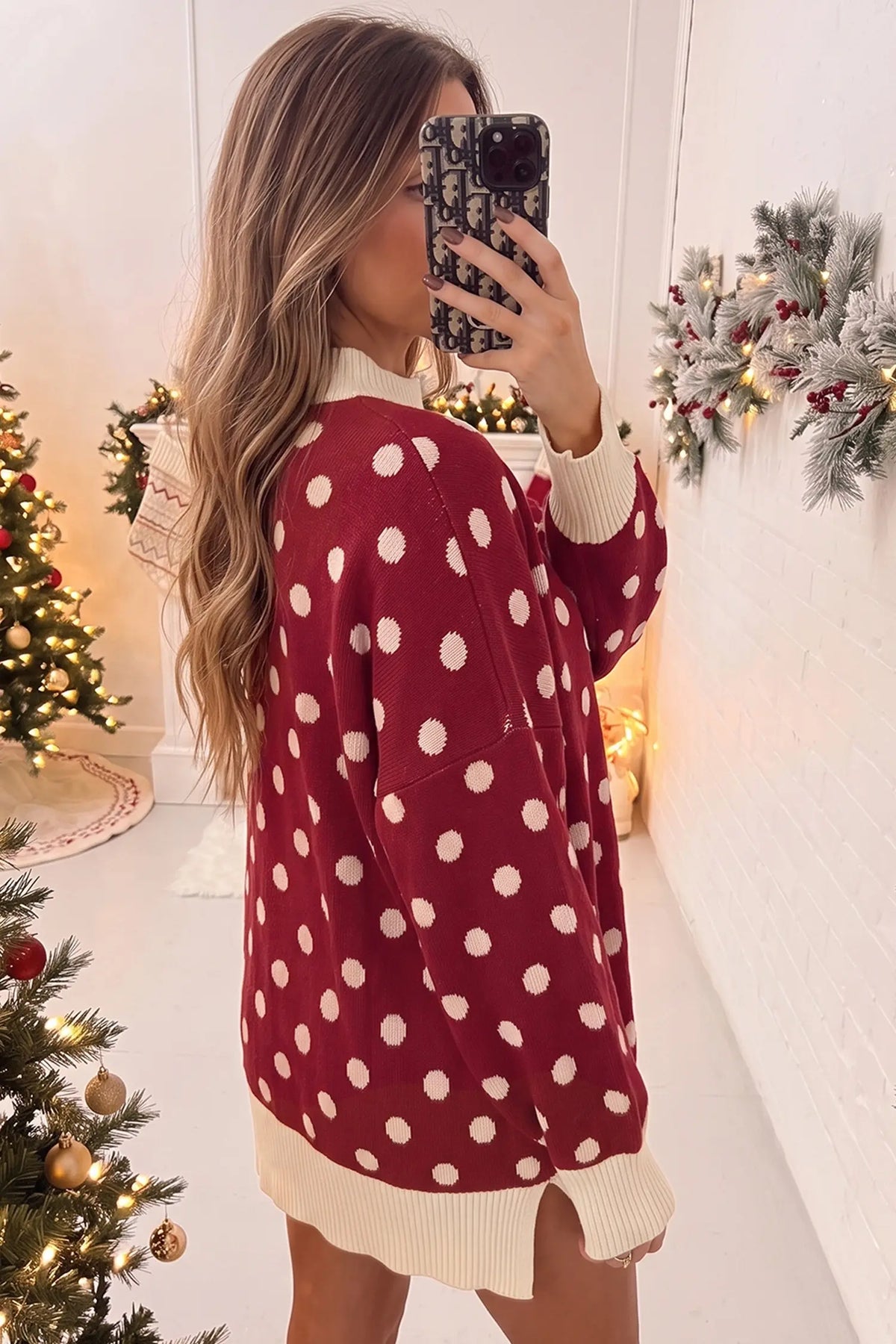 Split tunic sweater with polka dot pattern