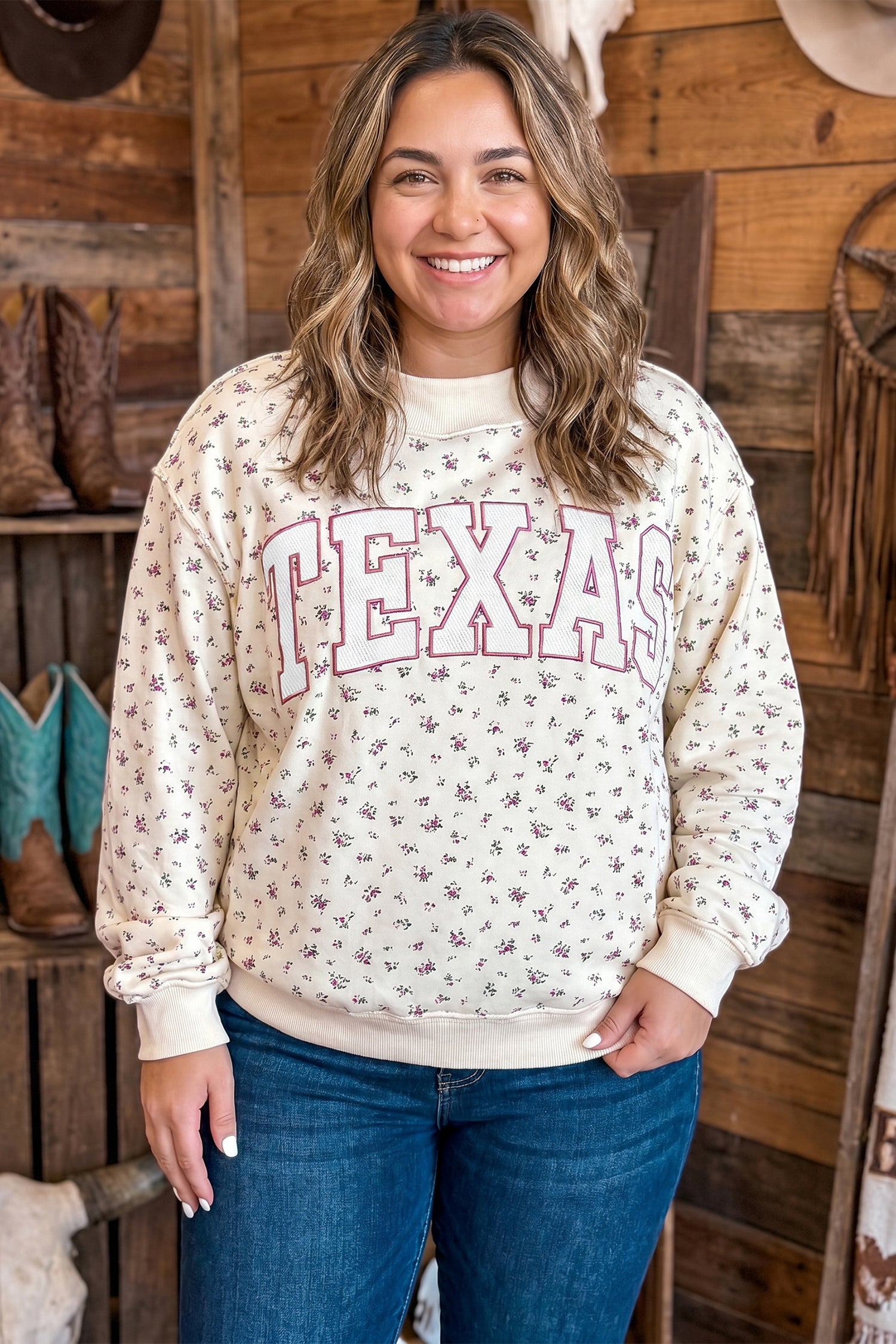 Apricot Floral Print Texas Long Sleeve Ribbed Neck Tunic Plus Size Sweatshirt – Beige