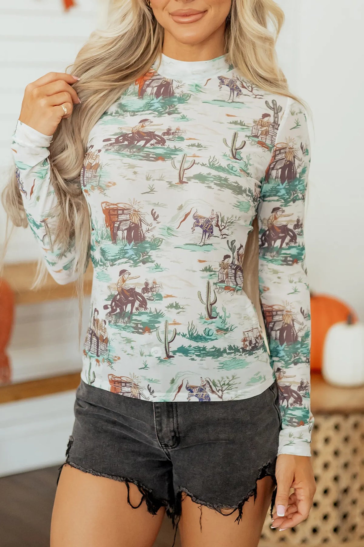 Western Print Long Sleeve Round Neck Slim Top – Green