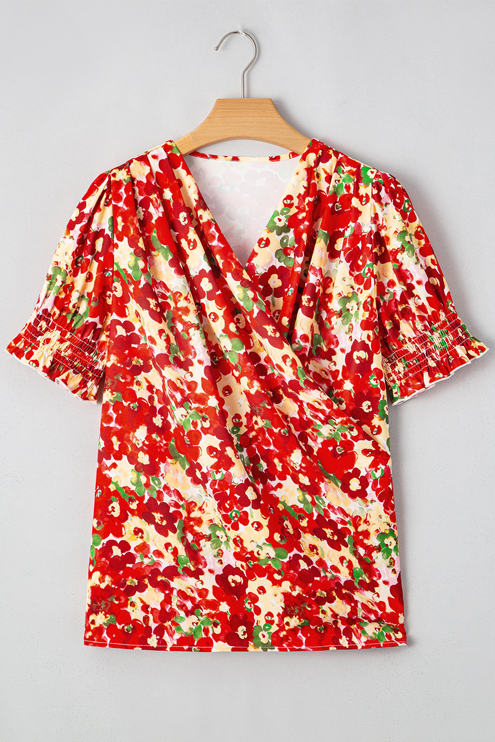Floral Bubble Sleeve Pleated V-Neck Wrap Blouse eAura