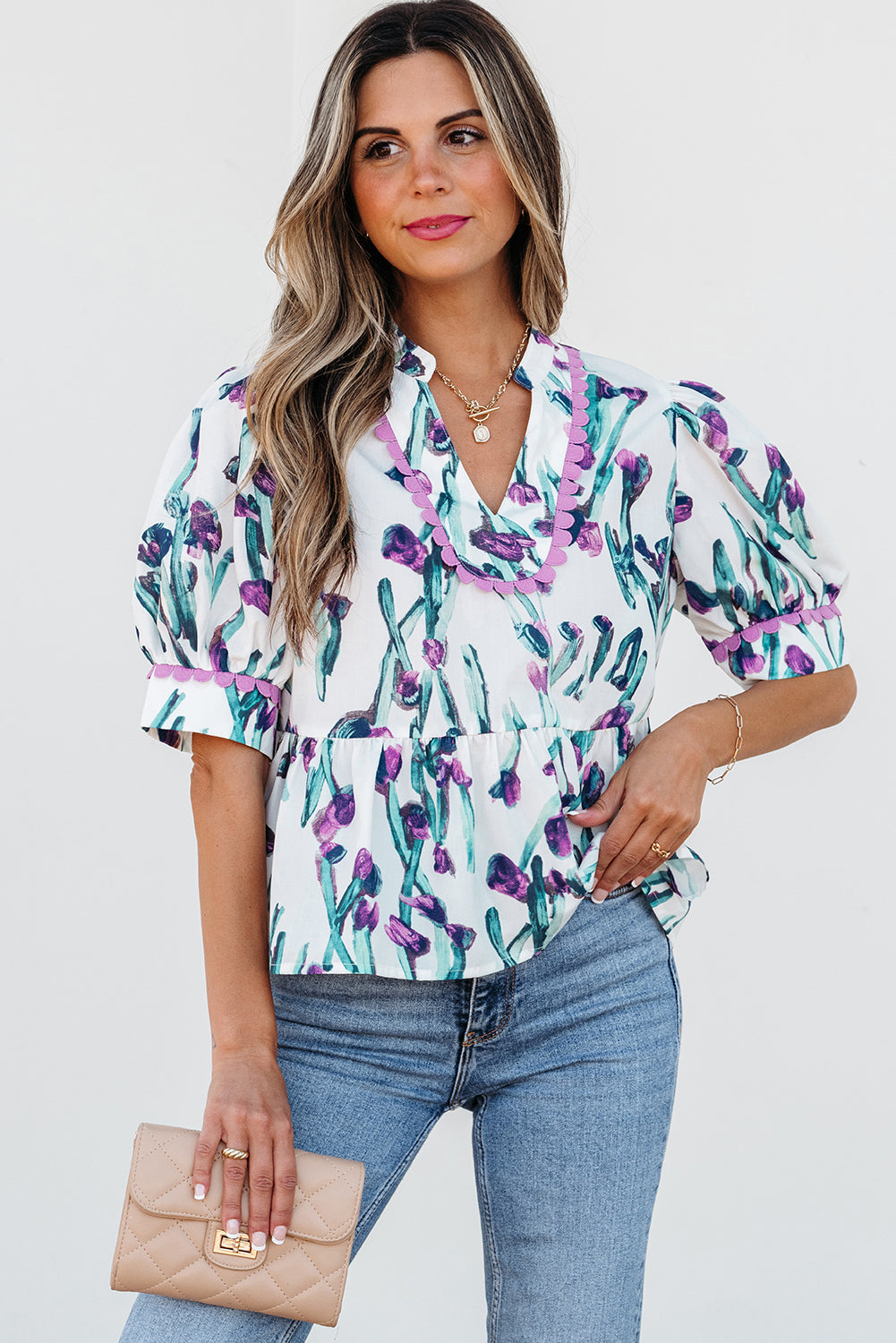Purple Floral Ricrac Trim Half Sleeve Peplum Top eAura