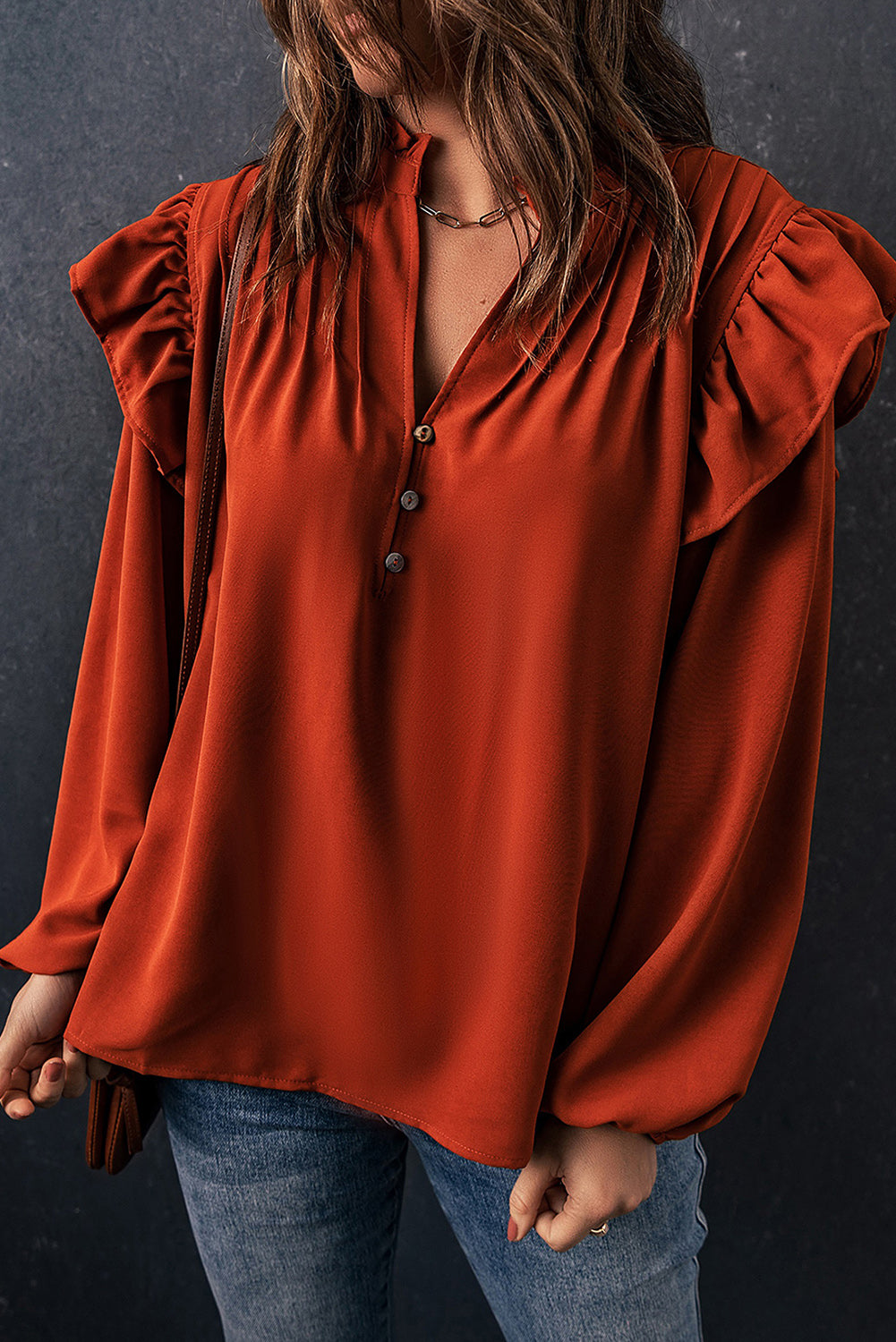 Orange Ruffled Pleated Buttoned V Neck Blouse eAura