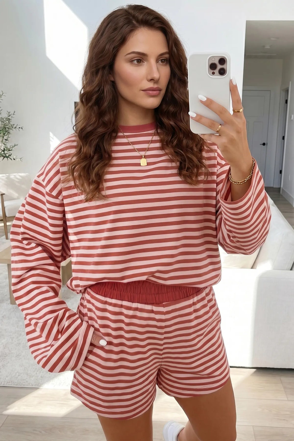 Relaxed Long Sleeve Top Contrast Elastic Waistband Short Set – Brown Stripe