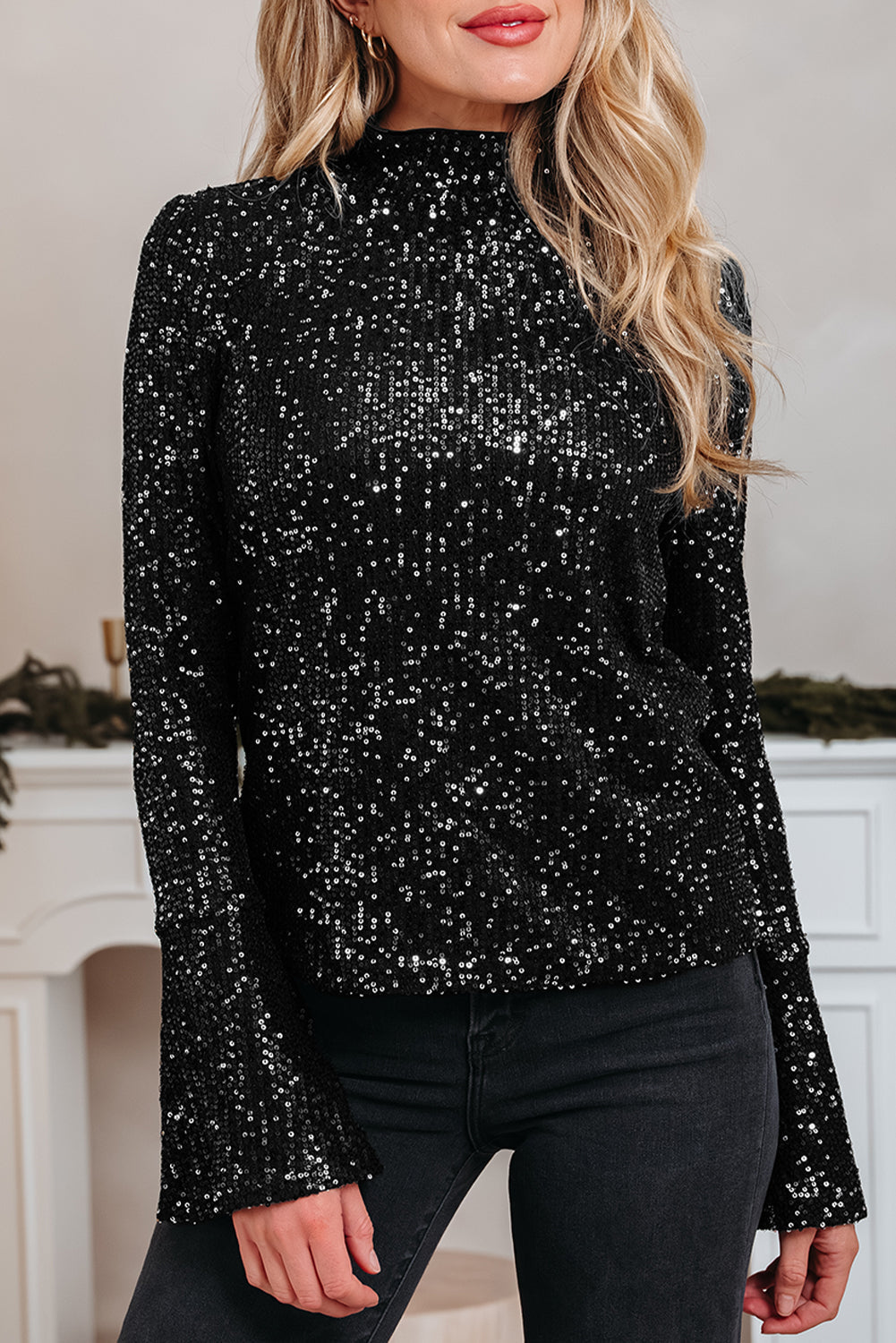 Sequin Mock Neck Drape Open Back Bell Sleeve Top - eAura