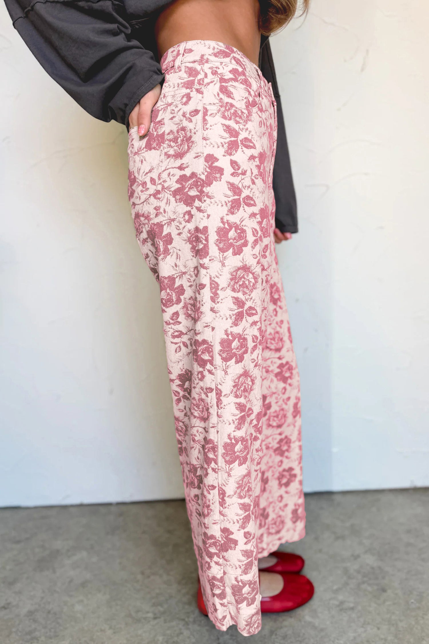 Pink Vintage Floral Print Denim Shift Jeans