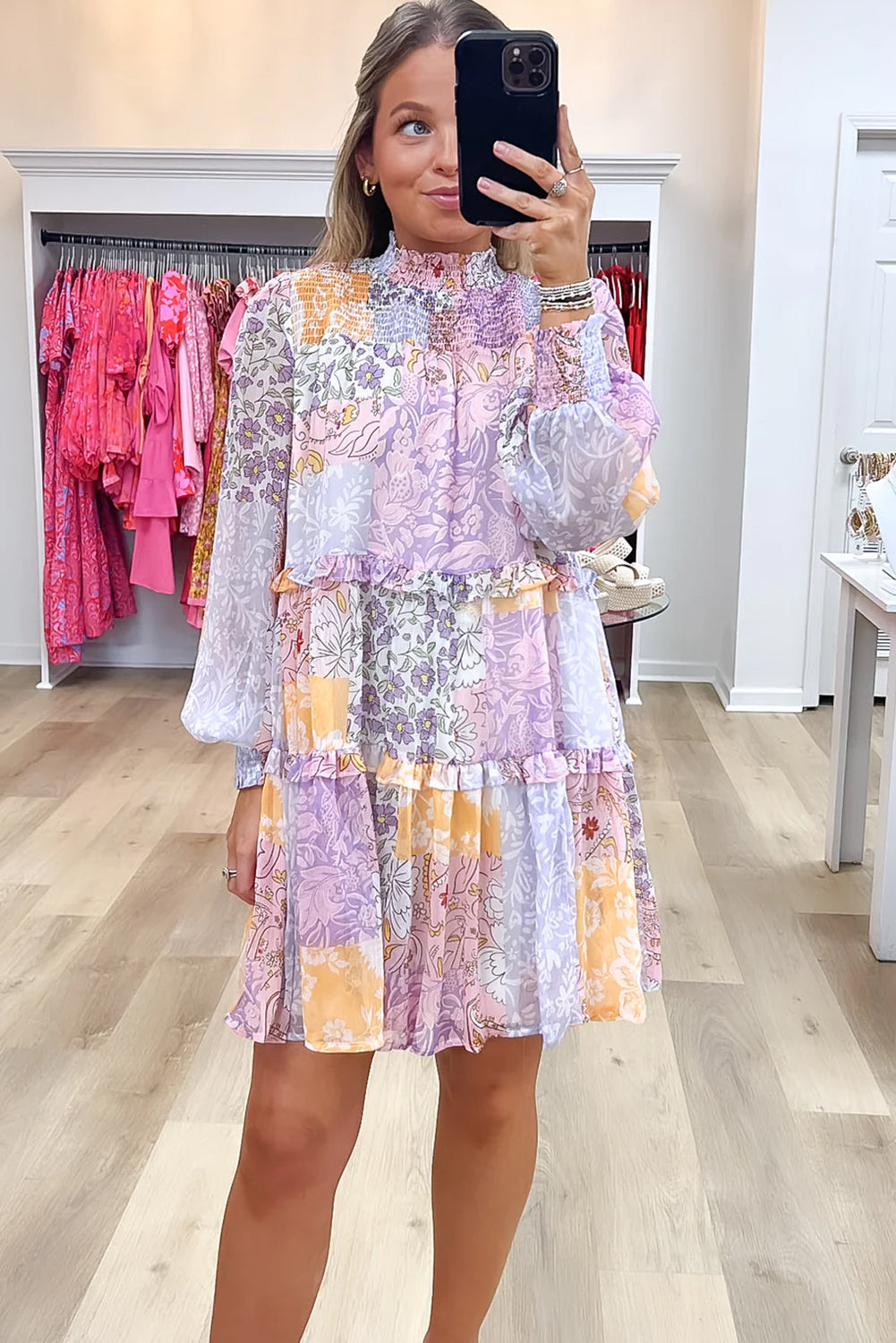 Multicolour Floral Smocked Mock Neck Ruffled Tiered Bubble Sleeve Dress eAura