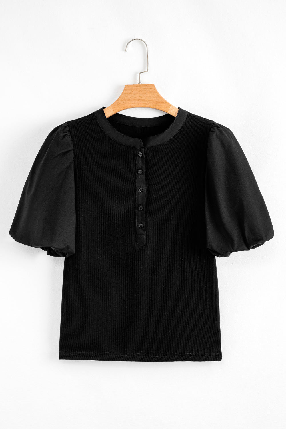 Black Ribbed Patchwork Puff Sleeve Half Button Placket Slim Fit Top eAura