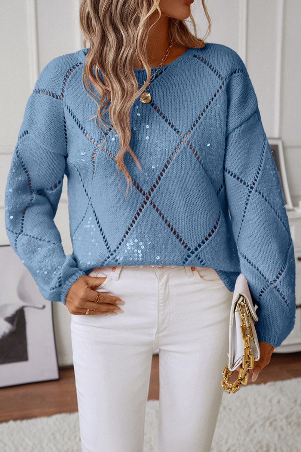 Hollowed Rhombus Pattern Sequin Detail Round Neck Sweater eAura