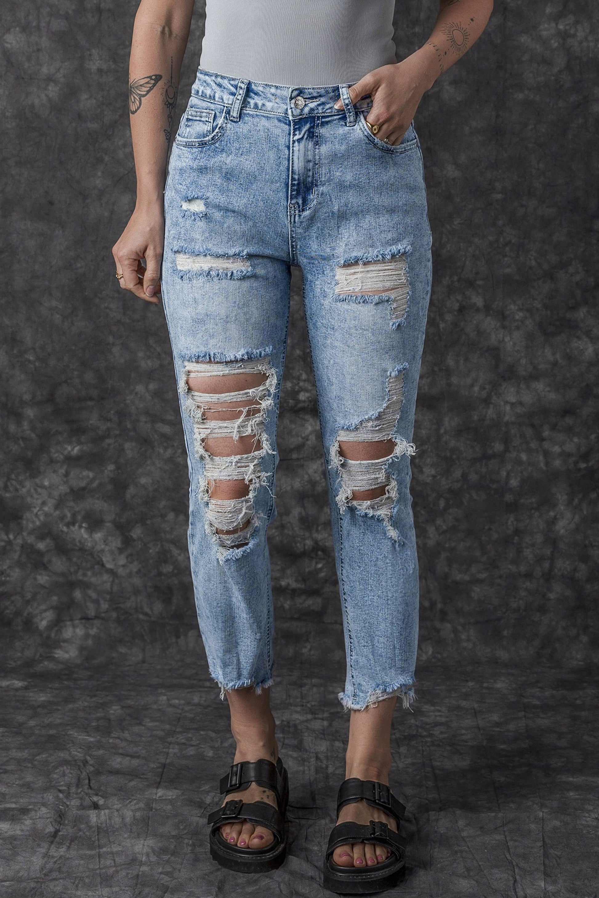 Sky Blue Acid Wash Distressed Slim Fit Jeans Beagle Boutique Fashion Outlet