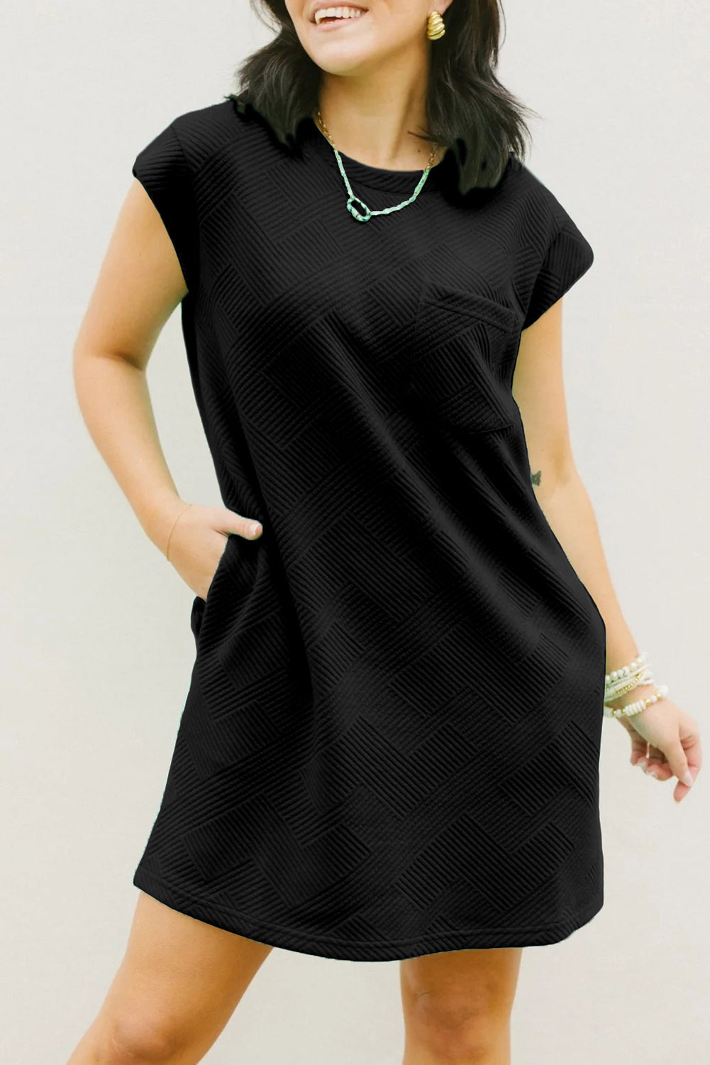 Mint Green Textured Cap Sleeve T Shirt Dress eAura
