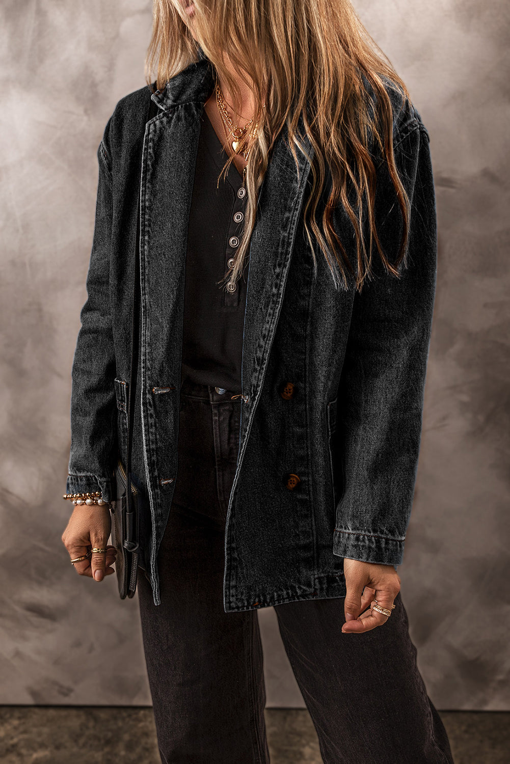 Black Side Pockets Lapel Collar Denim Jacket eAura