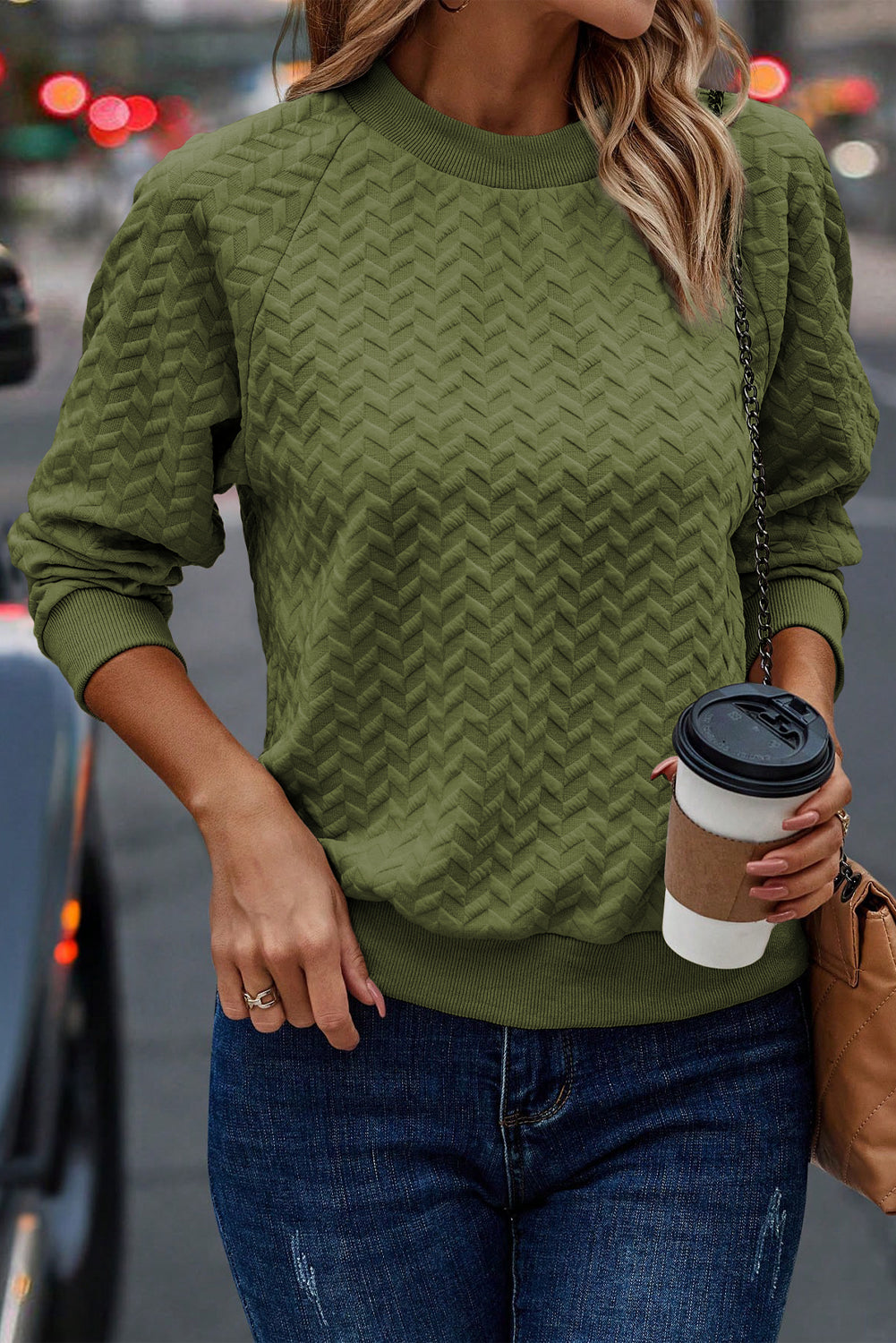 Chestnut Solid Textured Raglan Sleeve Pullover Sweatshirt eAura
