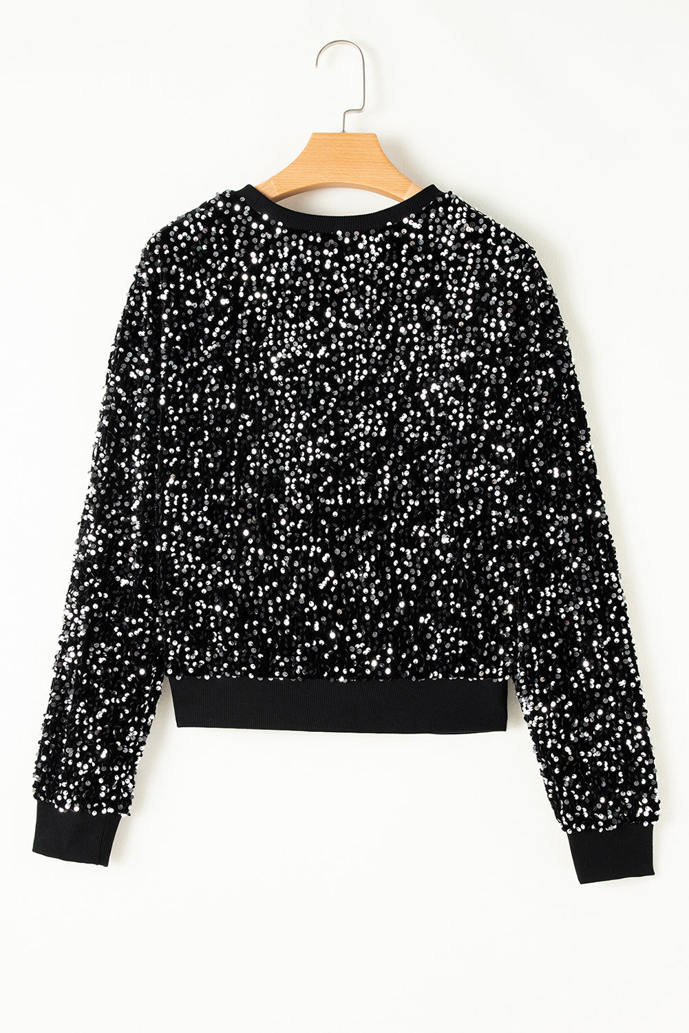 Black Sequinned Long Sleeve Crew Neck Cropped Blouse - eAura