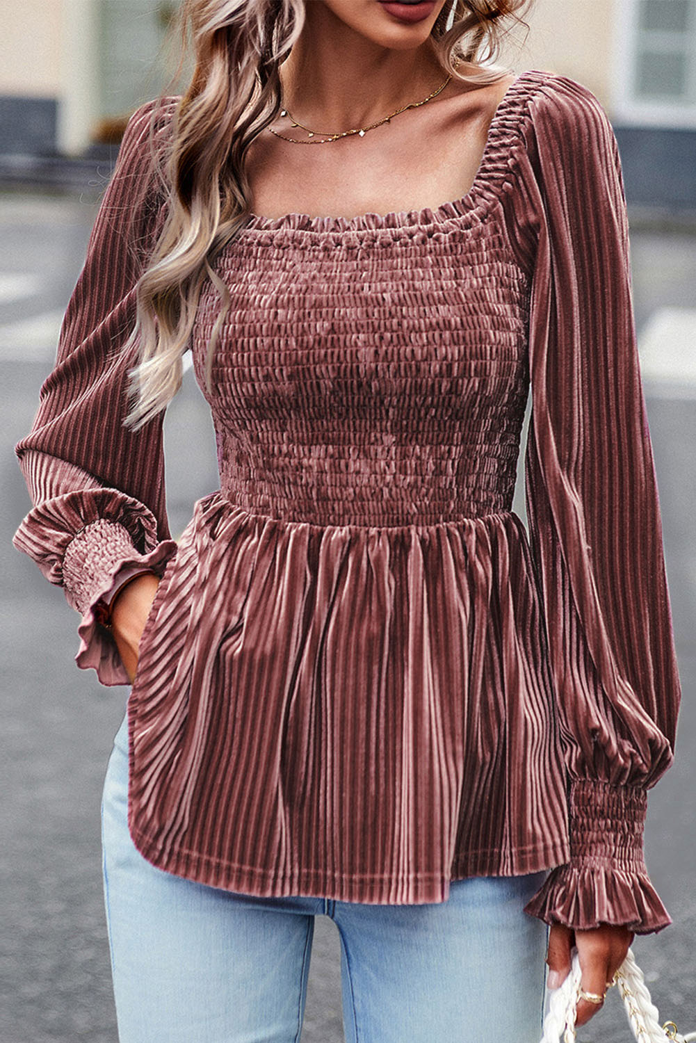 Pink Smocked Ribbed Velvet Babydoll Top eAura