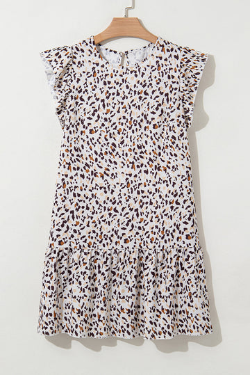 Khaki Leopard Ruffled Flutter Sleeve Keyhole Back Mini Dress - Dresses/Mini Dresses