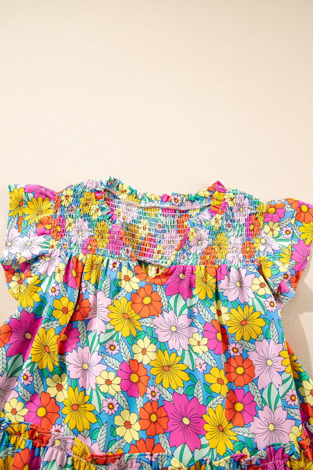 Sky Blue Floral Print Smocked Notch V Neck Flutter Sleeve Mini Dress eAura